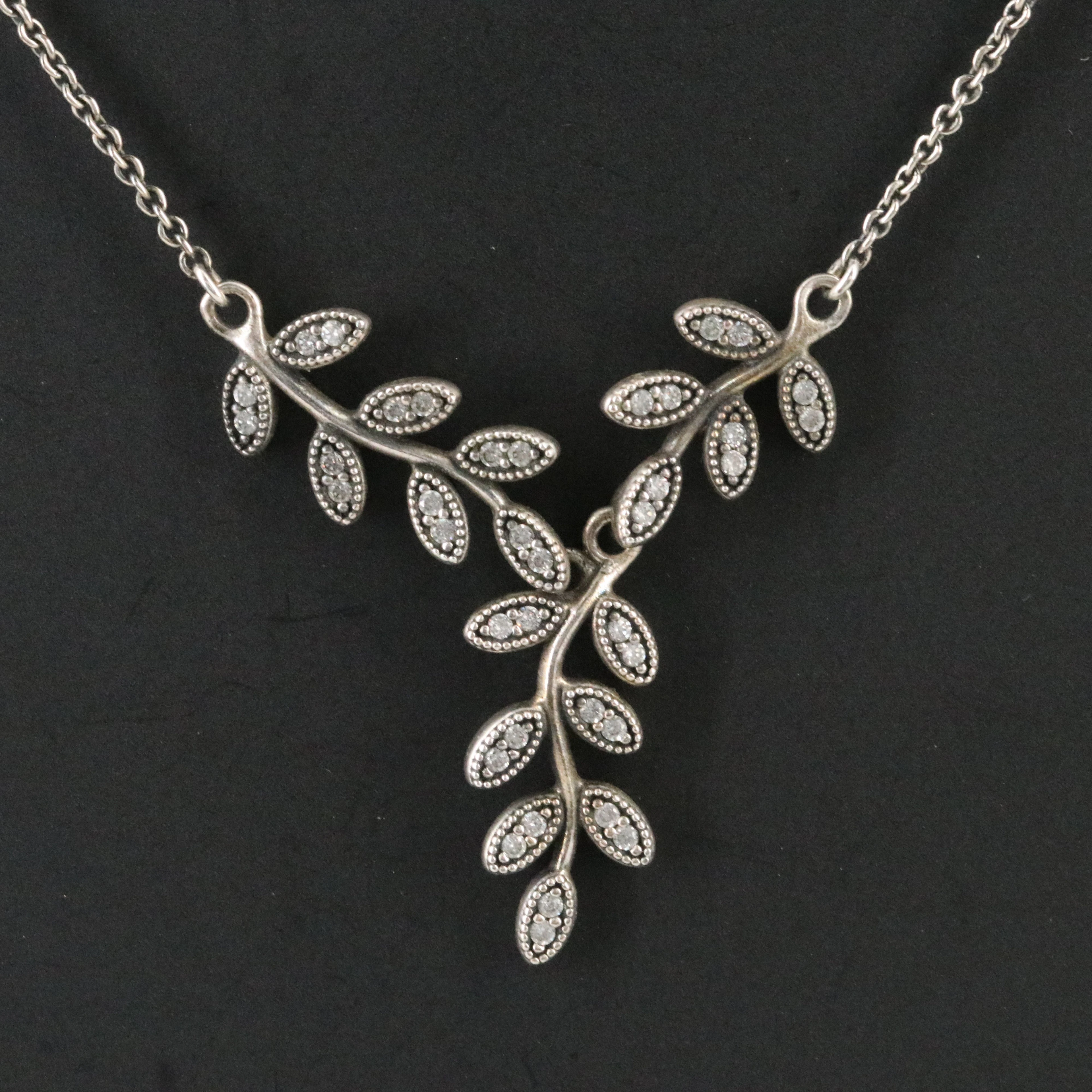 Pandora Sterling CZ Leaf Y Necklace