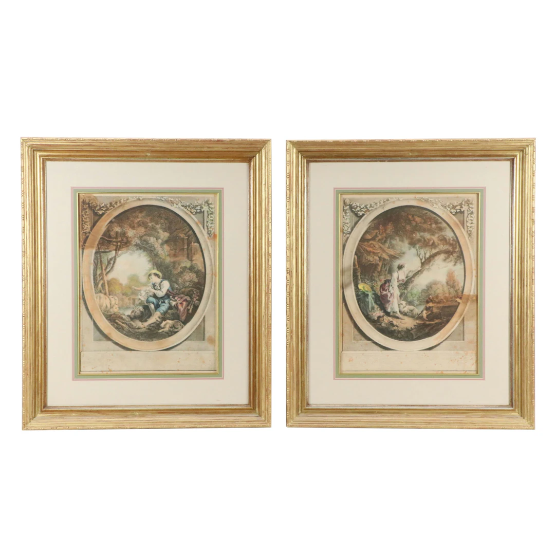 After François Boucher Pair of Genre Hand-Colored Lithographs