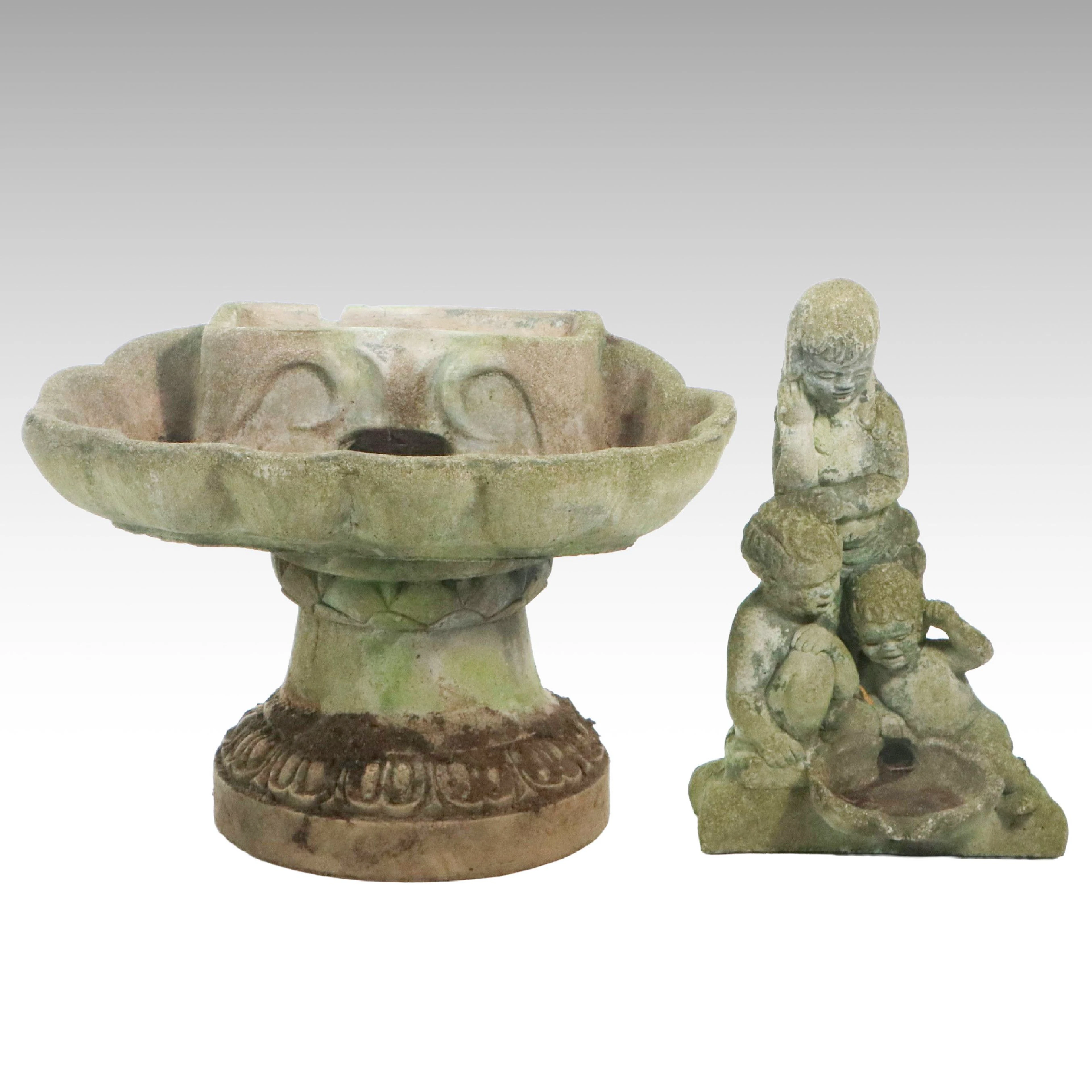 Concrete Putto Garden Statue with Fountain Bowl and Pedestal