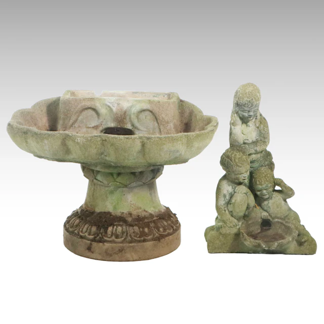 Concrete Putto Garden Statue with Fountain Bowl and Pedestal