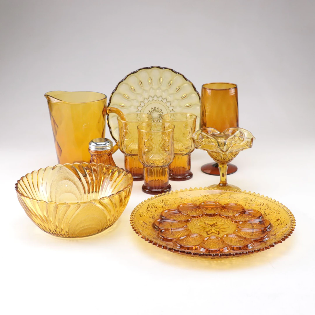 Indiana Glass, Libbey, & Other Amber Deviled Egg Plate, Pitcher, Goblet, & More