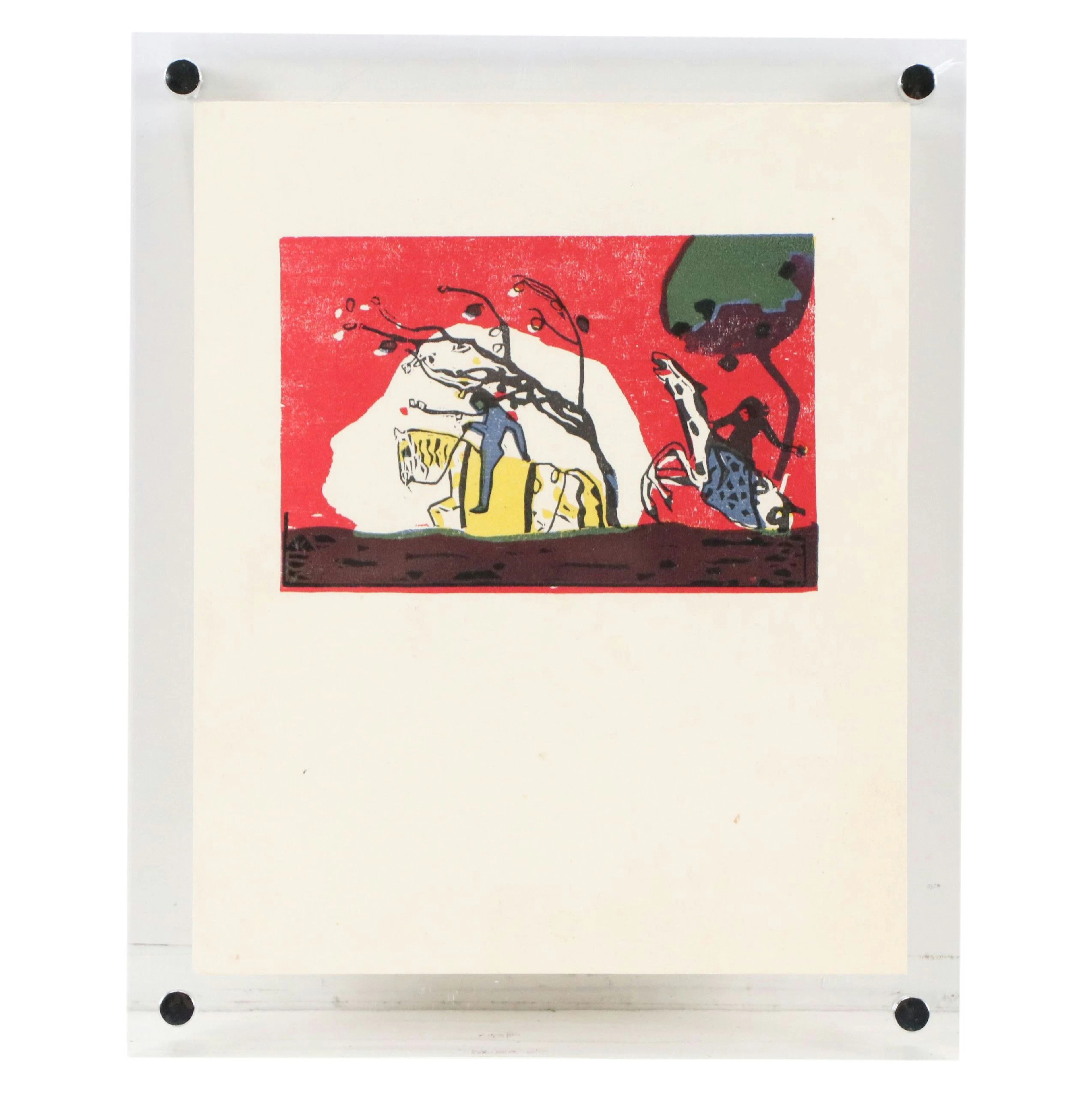 Woodcut After Wassily Kandinsky "Two Riders Against a Red Background," 20th C.