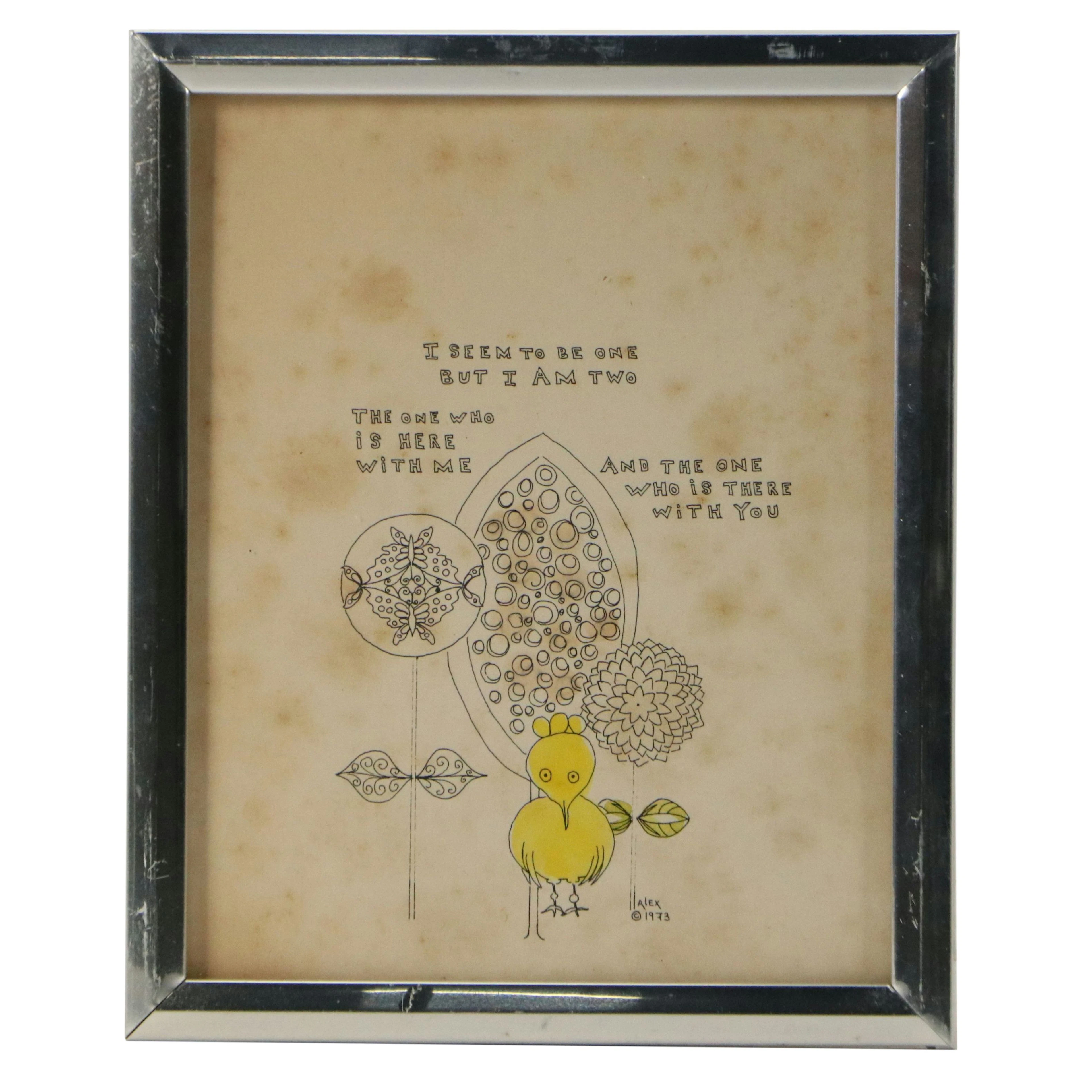 Naïve Doodle Color Lithographic Admiration Print of Bird, 1973
