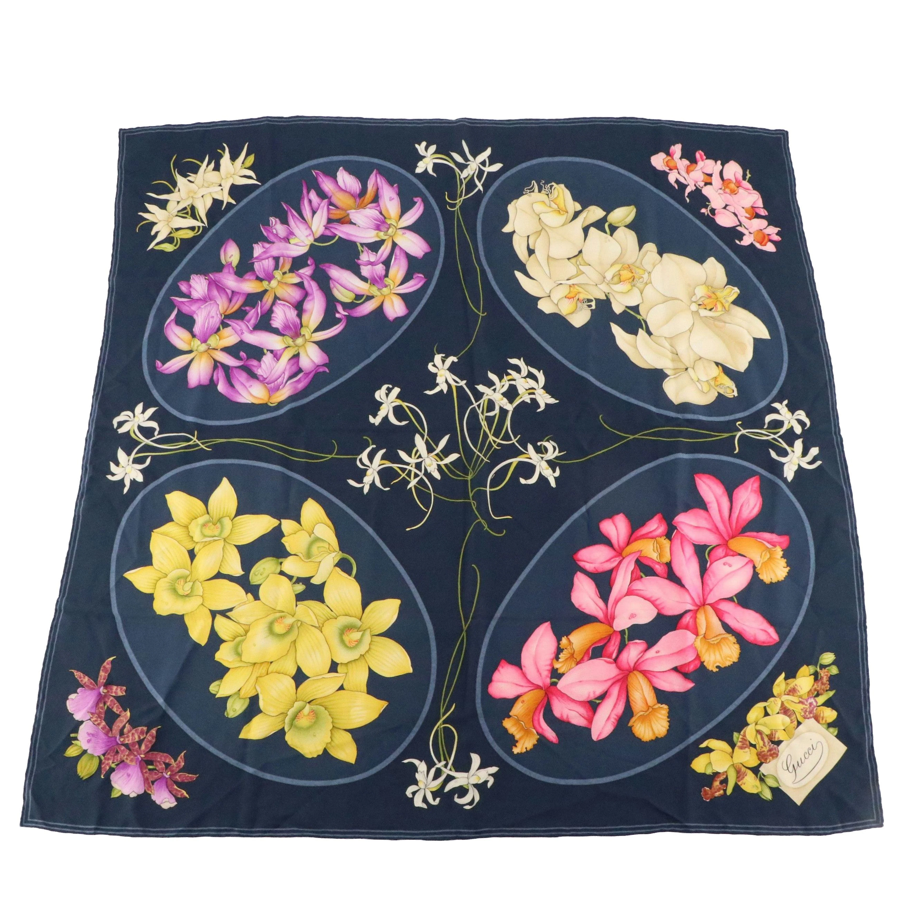 Gucci Orchid Pattern Scarf 90 in Silk Crepe, Vintage