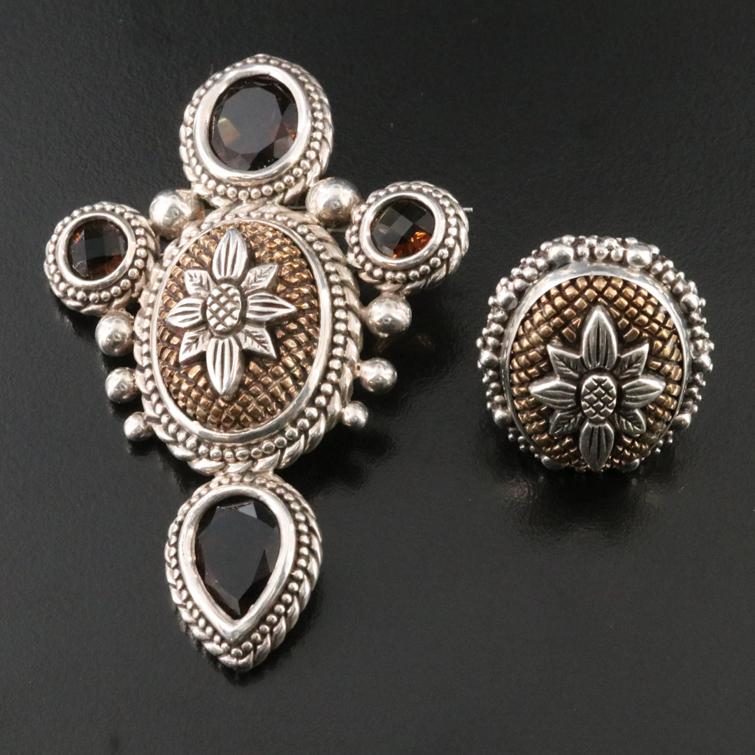 Stephen Dweck Sterling and 18K Floral Motif Ring & Brooch Including