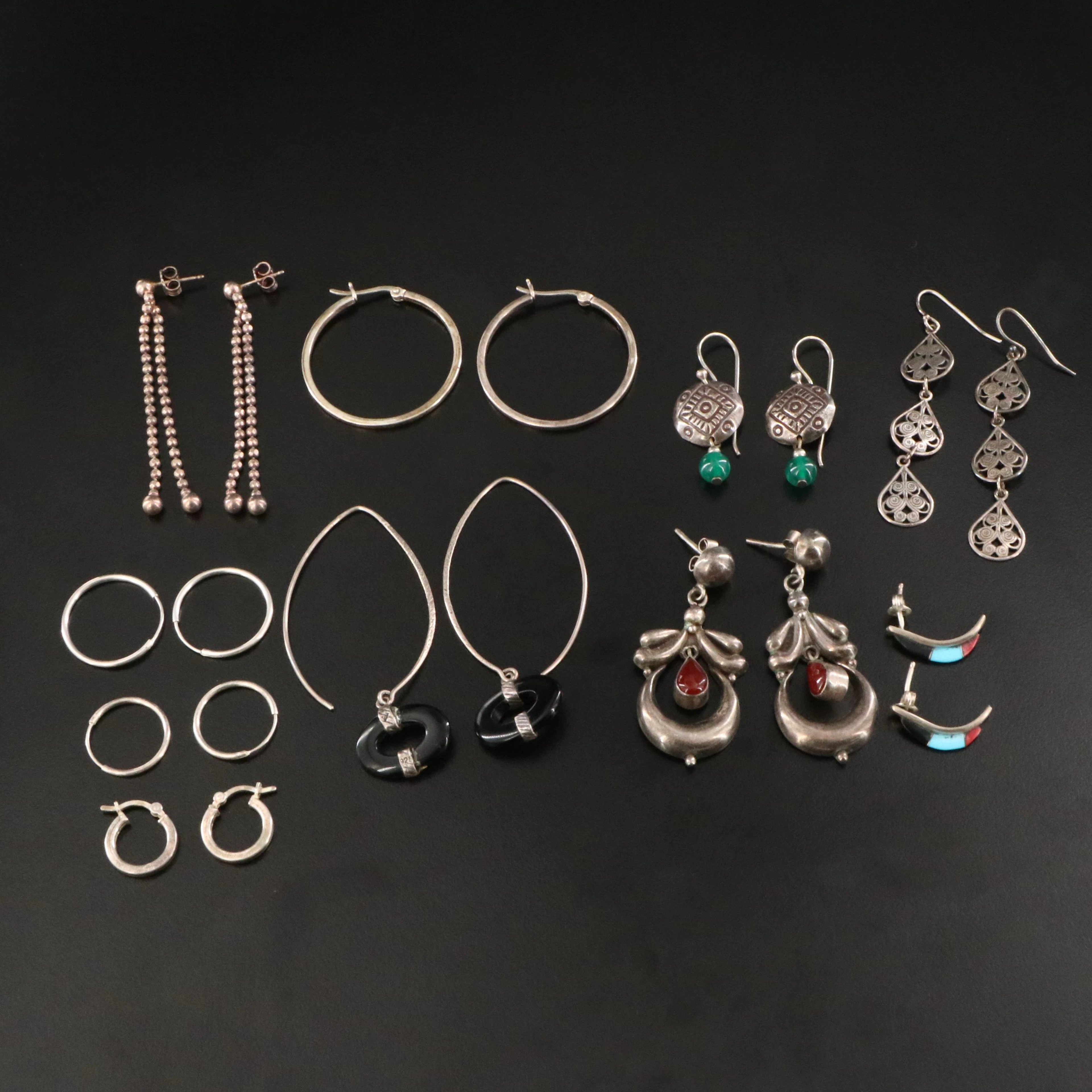 Sterling Earring Collection Including Chalcedony, Black Onyx and Carnelian