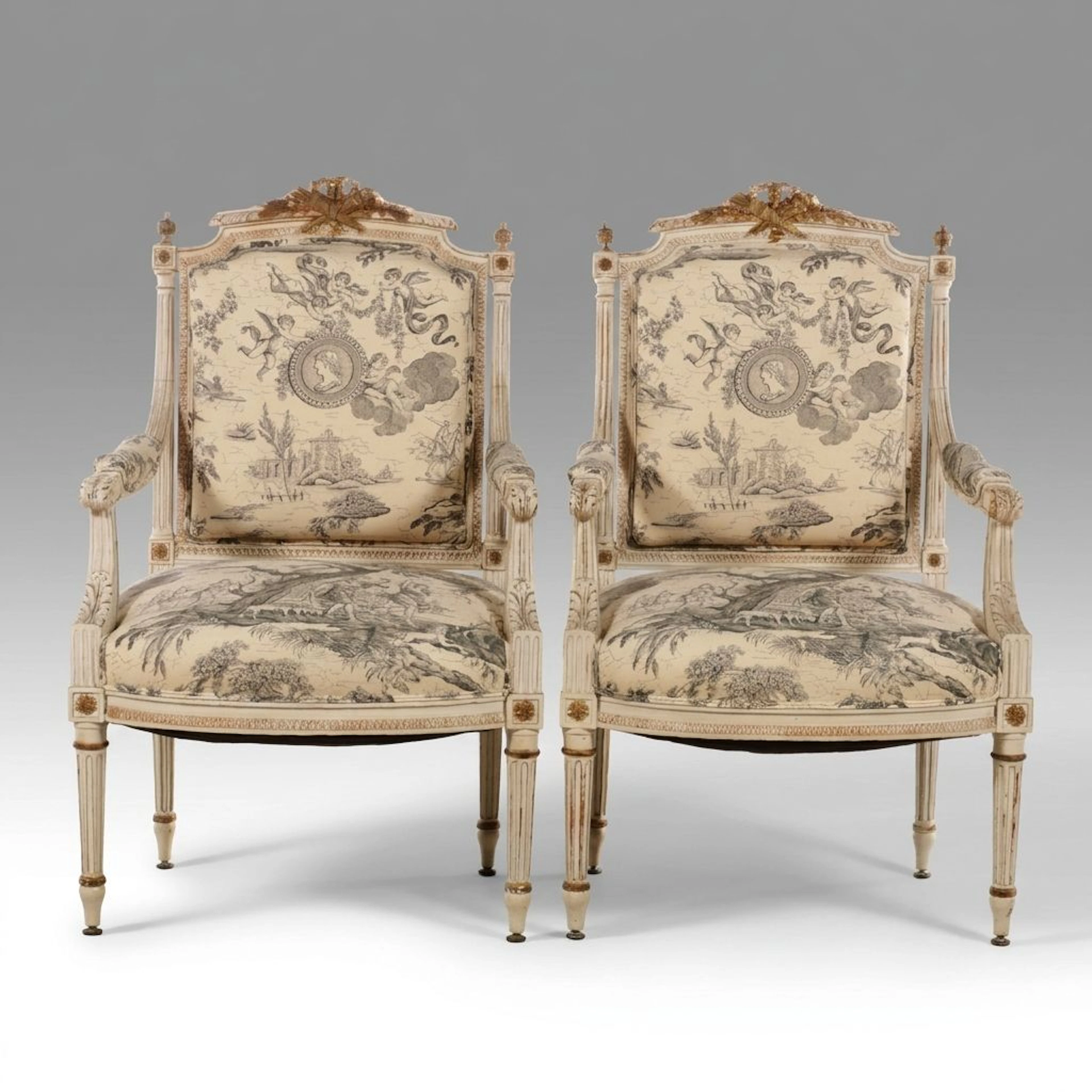 Pair of Painted White and Giltwood Directoire Style Armchairs