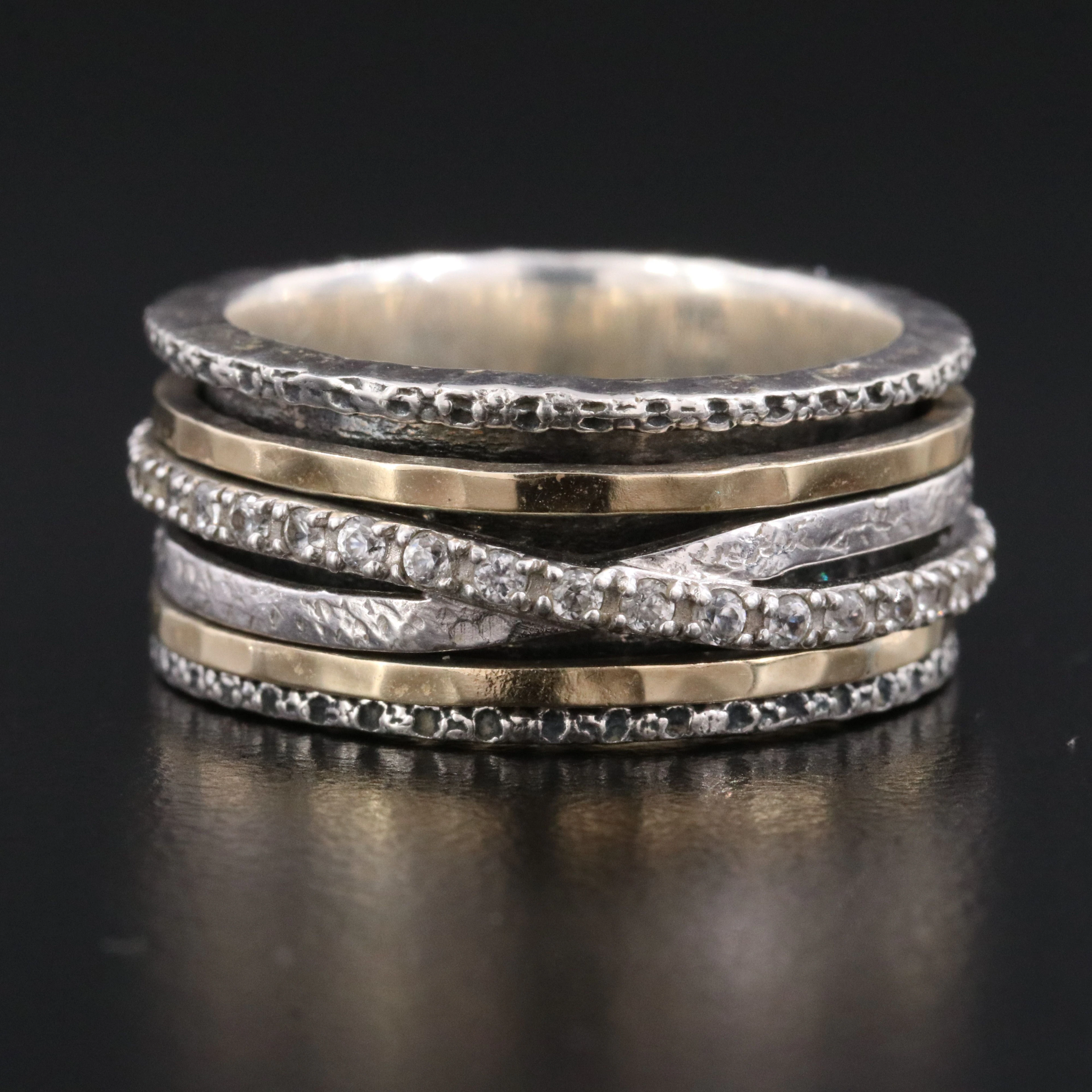 Israeli Or Paz Sterling and White Zircon Spinner Ring with 14K Accents