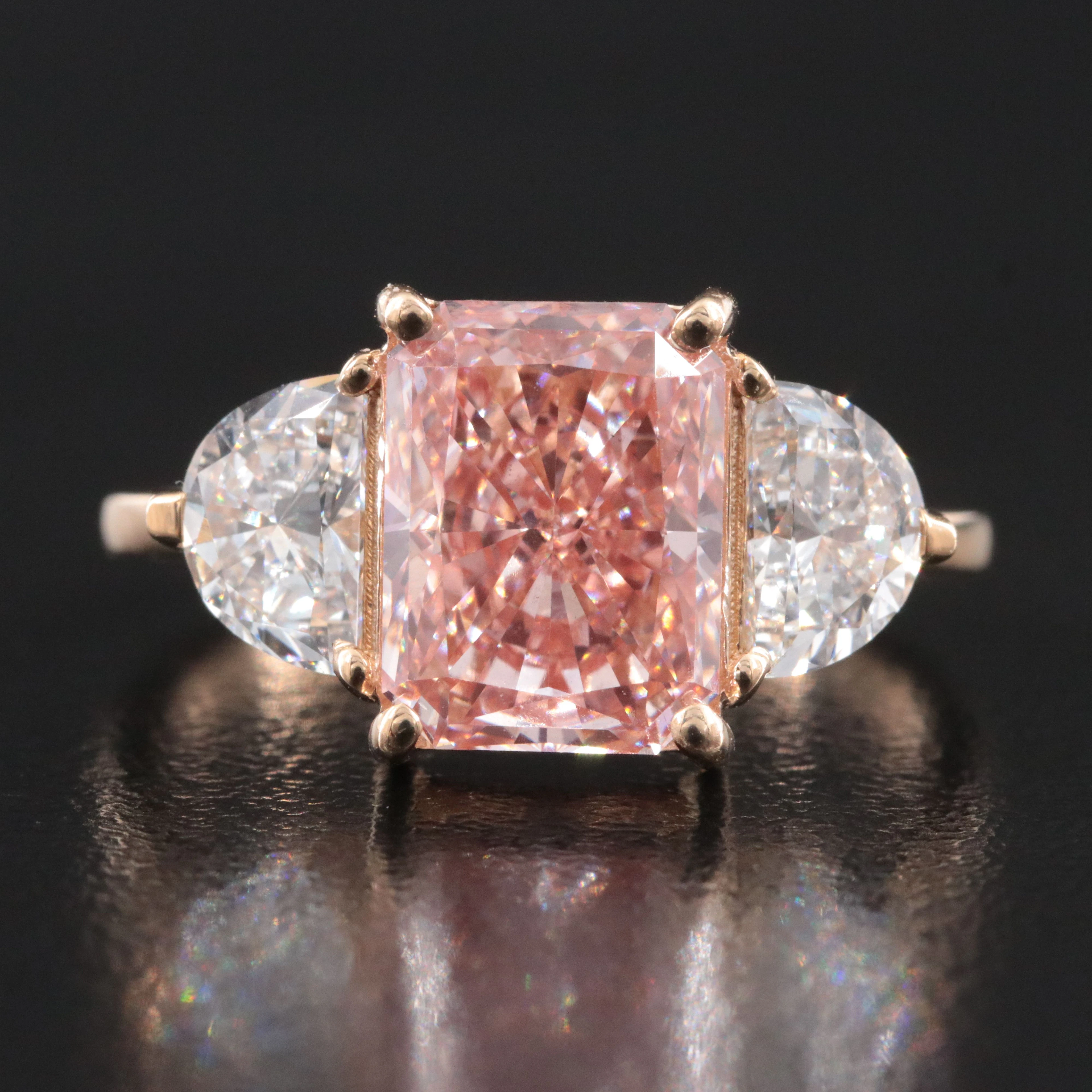14K 3.60 CTW Lab Grown Diamond Ring with IGI Report & Fancy Vivid Pink Center