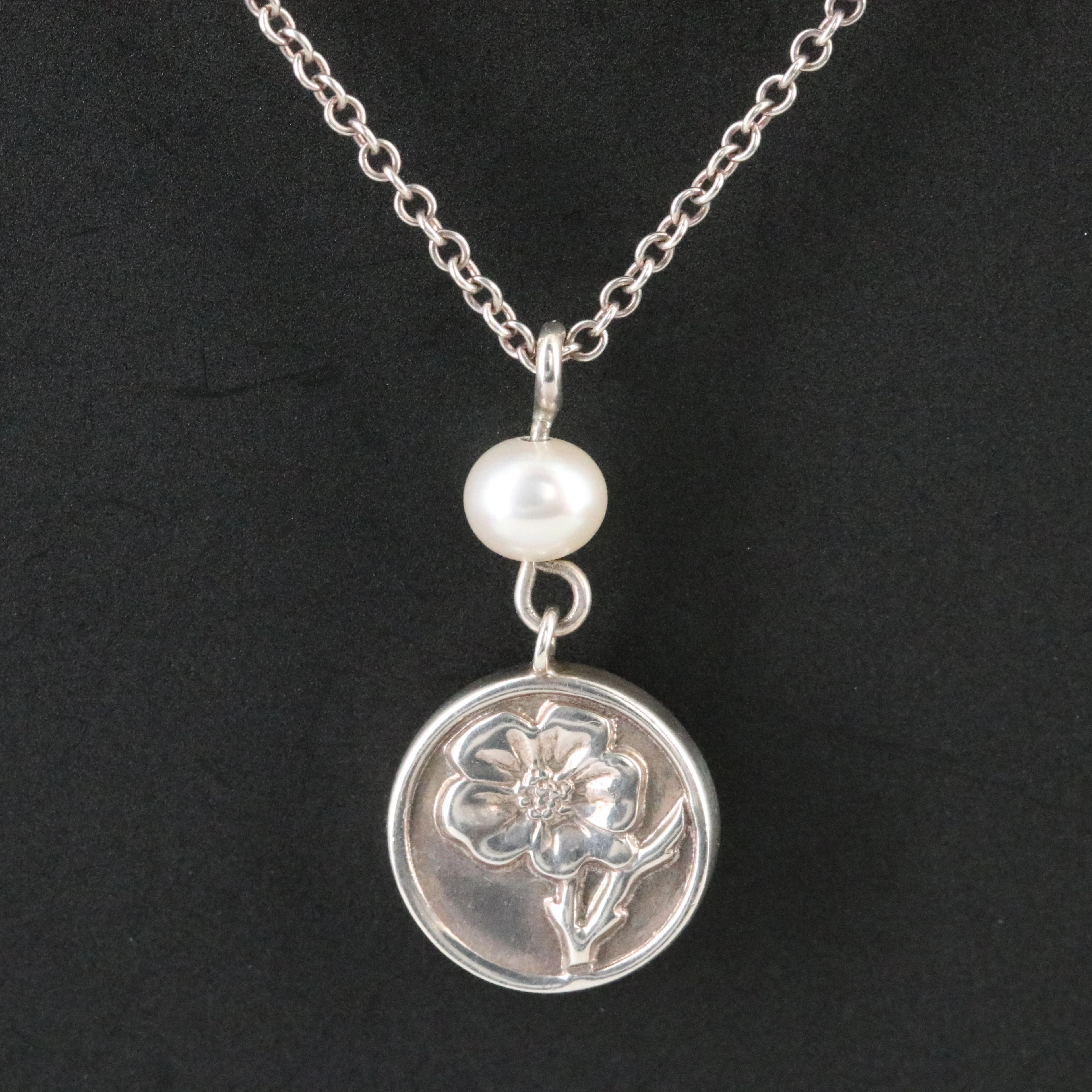 Tiffany & Co. Nature Sterling and Pearl Rose Drop Necklace