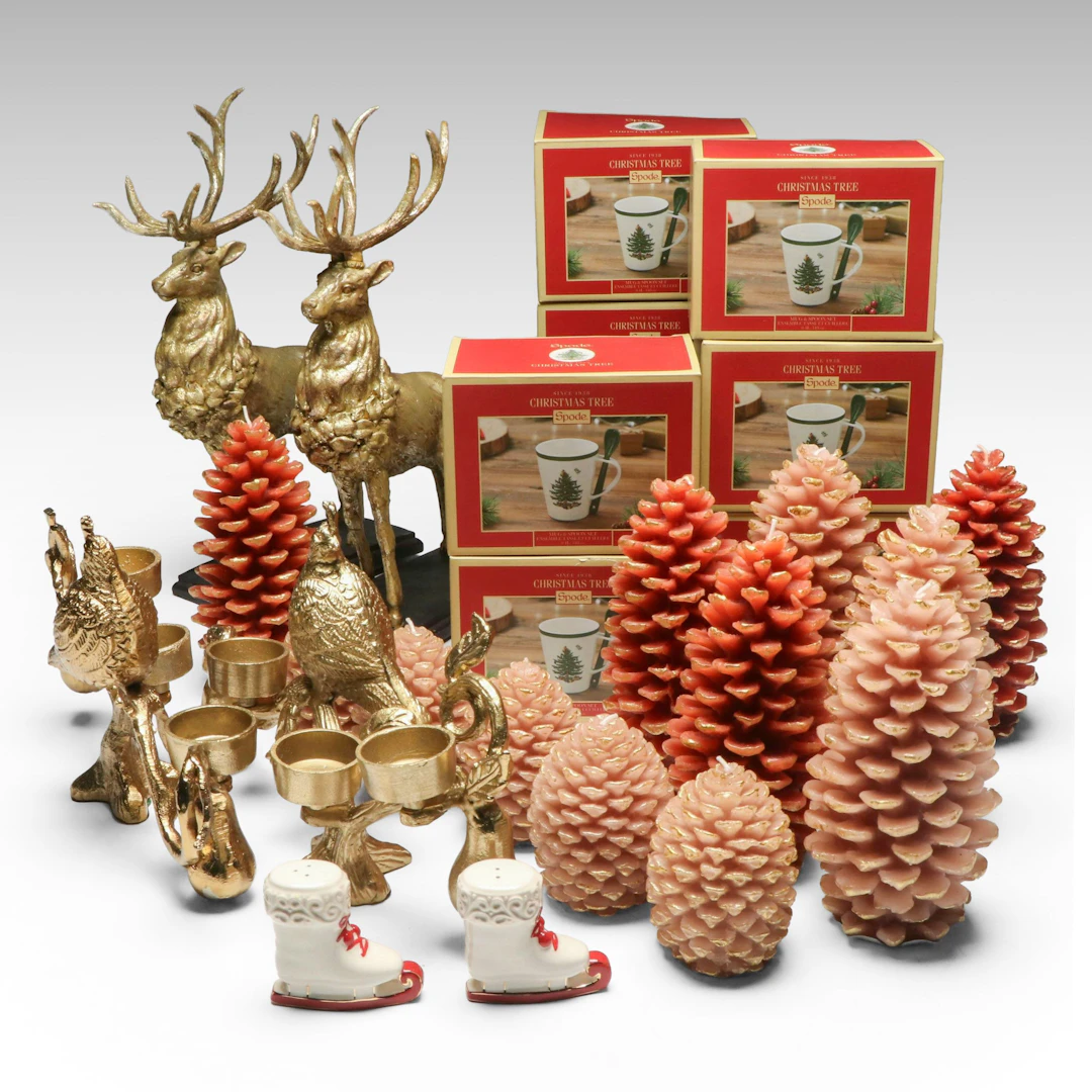 Spode "Christmas Tree" Mugs with Pinecone Candles, Reindeer Figurines and More