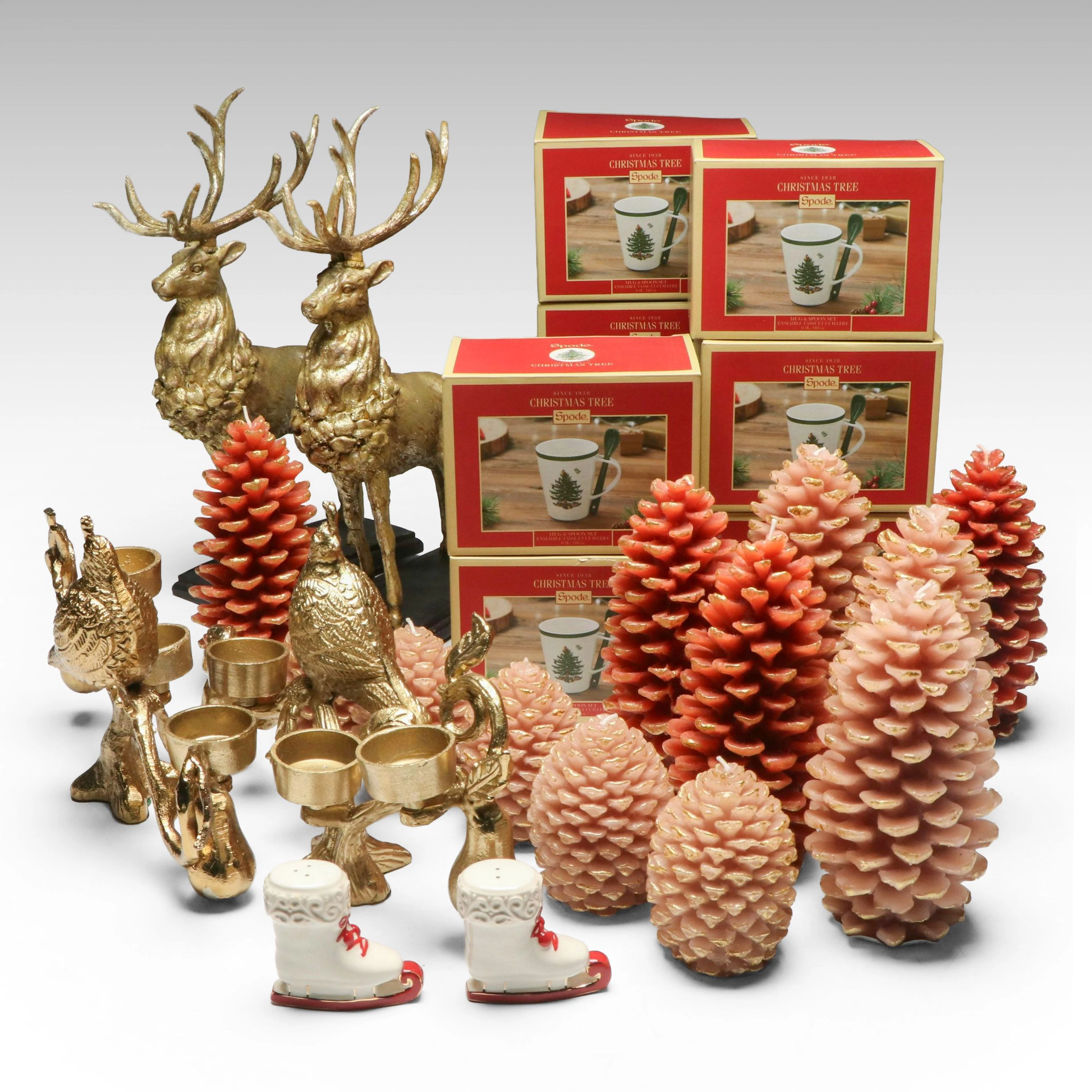 Spode "Christmas Tree" Mugs with Pinecone Candles, Reindeer Figurines and More