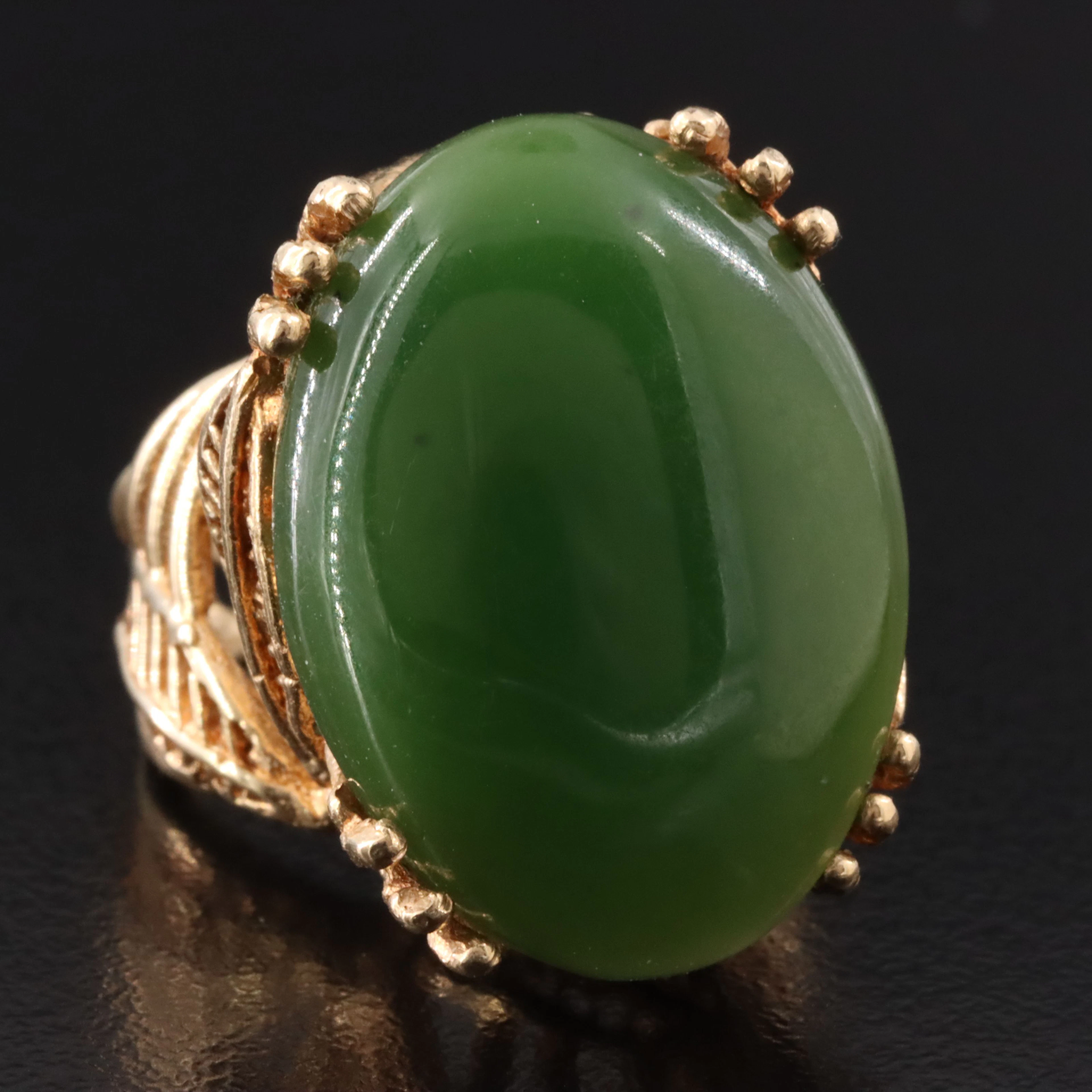 1950s 14K Nephrite Ring with Braid and Leaf Shoulders