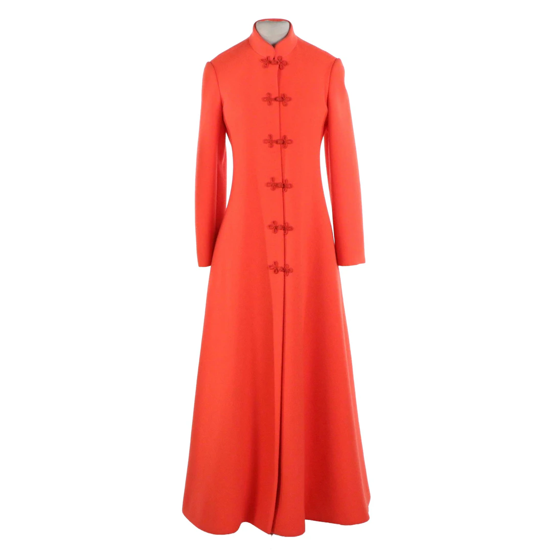 Saks Fifth Avenue Bright Orange Wool Long Dress Coat with Frog Closure, 1960s