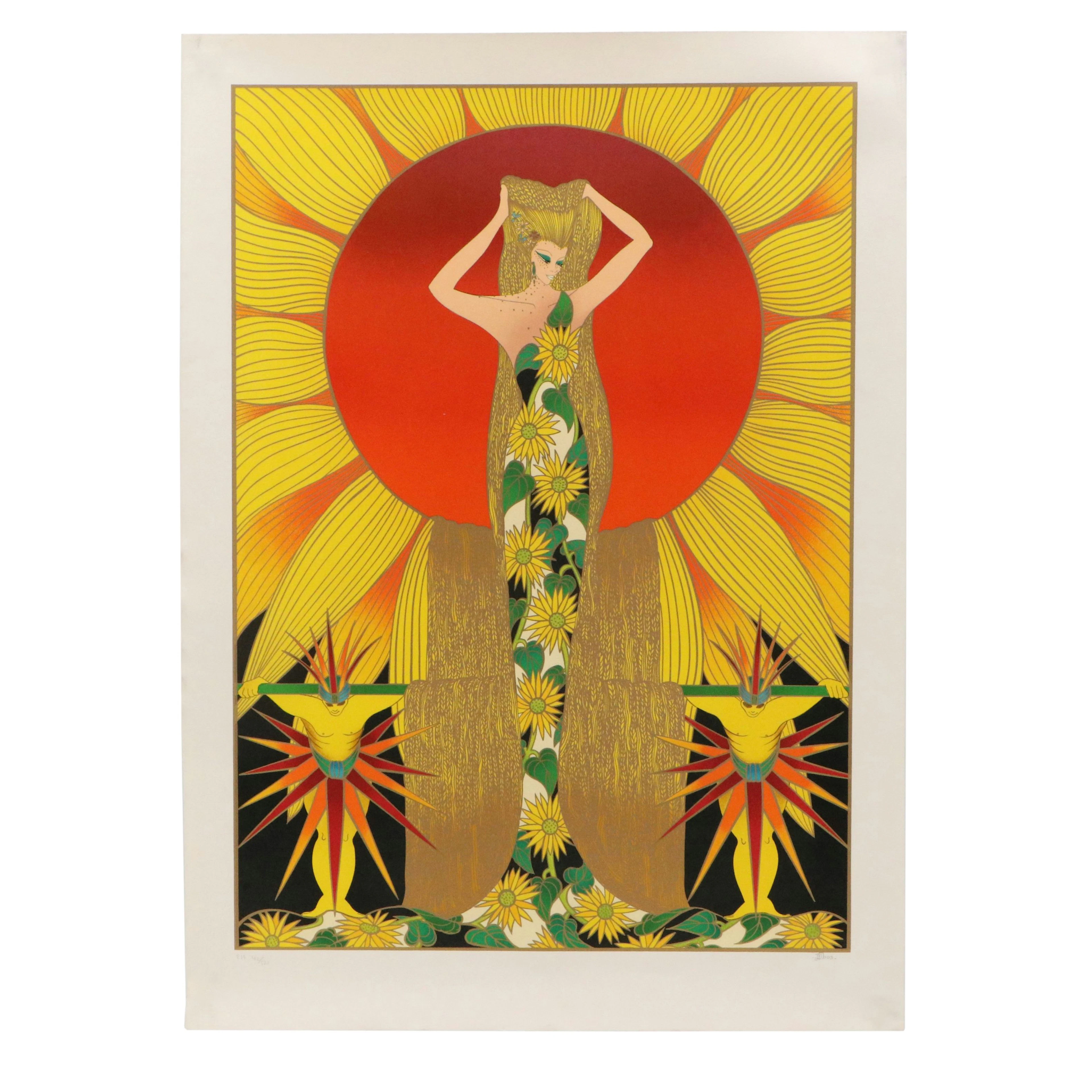 Jean-François Ibos Art Deco Revival Color Lithograph "Sunflower Lady," 1979