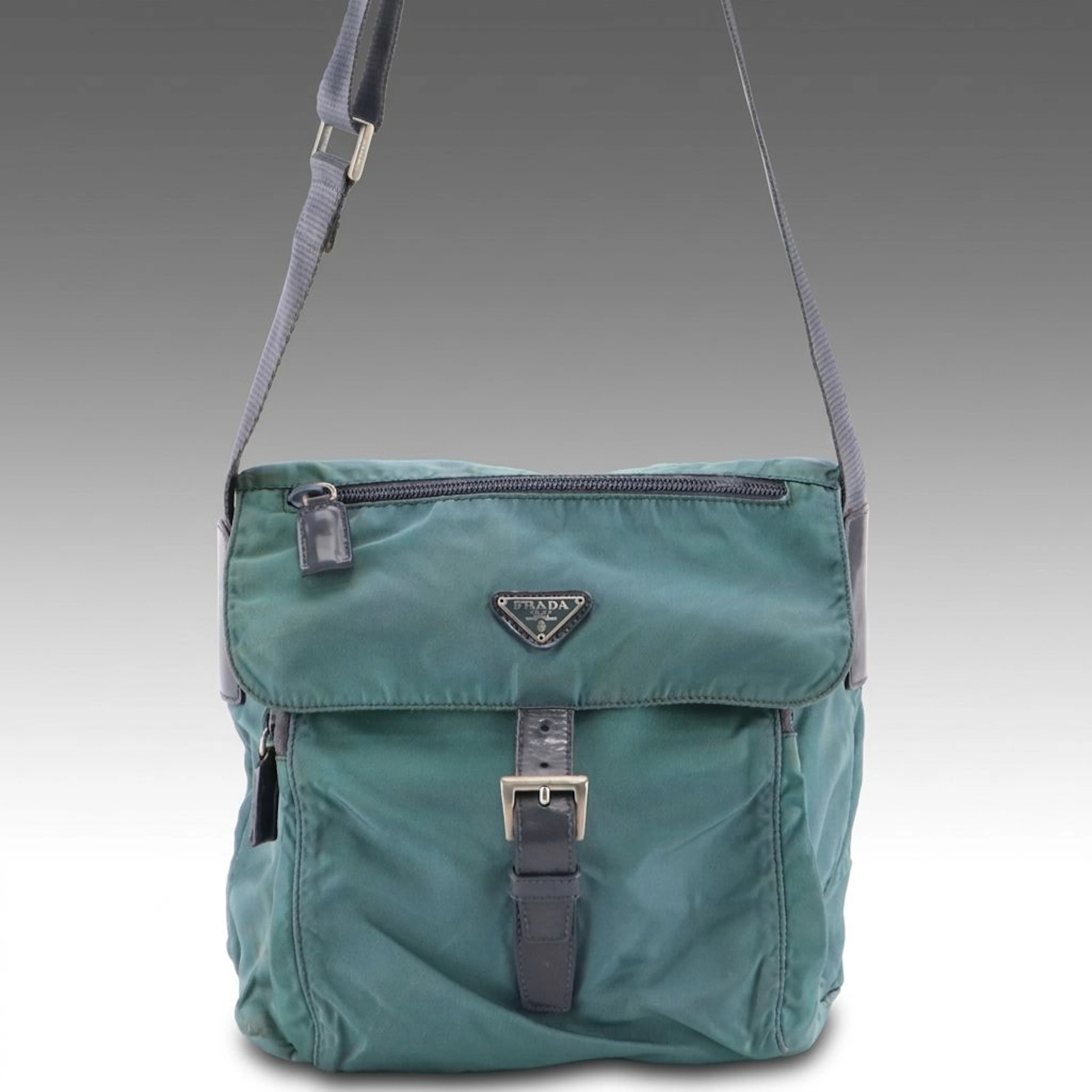 Prada Bicolor Blue Tessuto Nylon and Leather Triangular Logo Messenger Bag