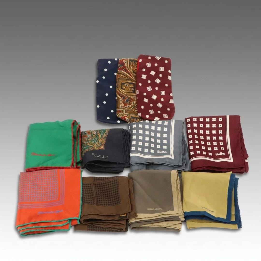 Giorgio Armani, Cerruti & Other Silk Handkerchief W/ Sulka Silk Eyeglasses