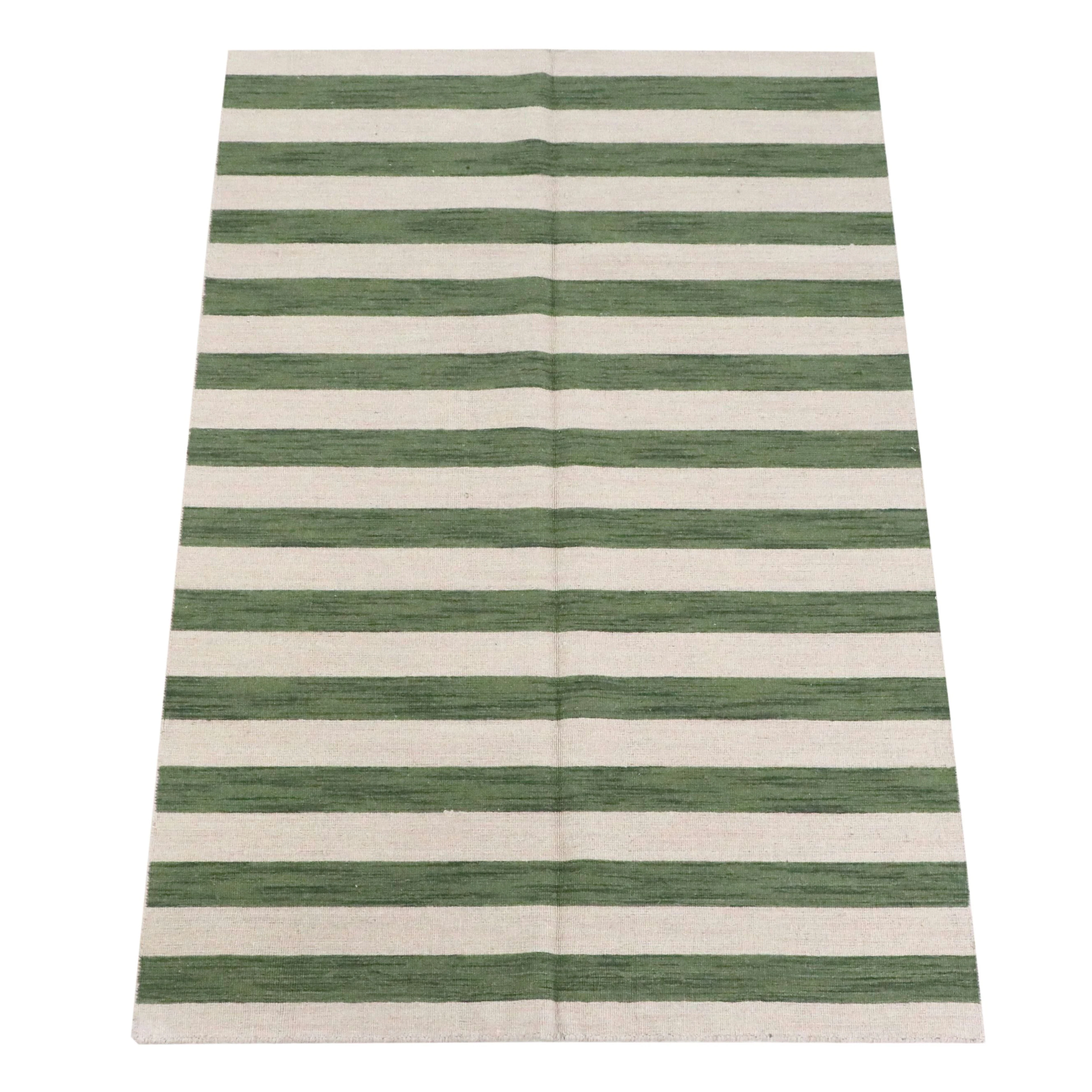 5'4 x 8'2 Handwoven Indian Green Striped Area Rug