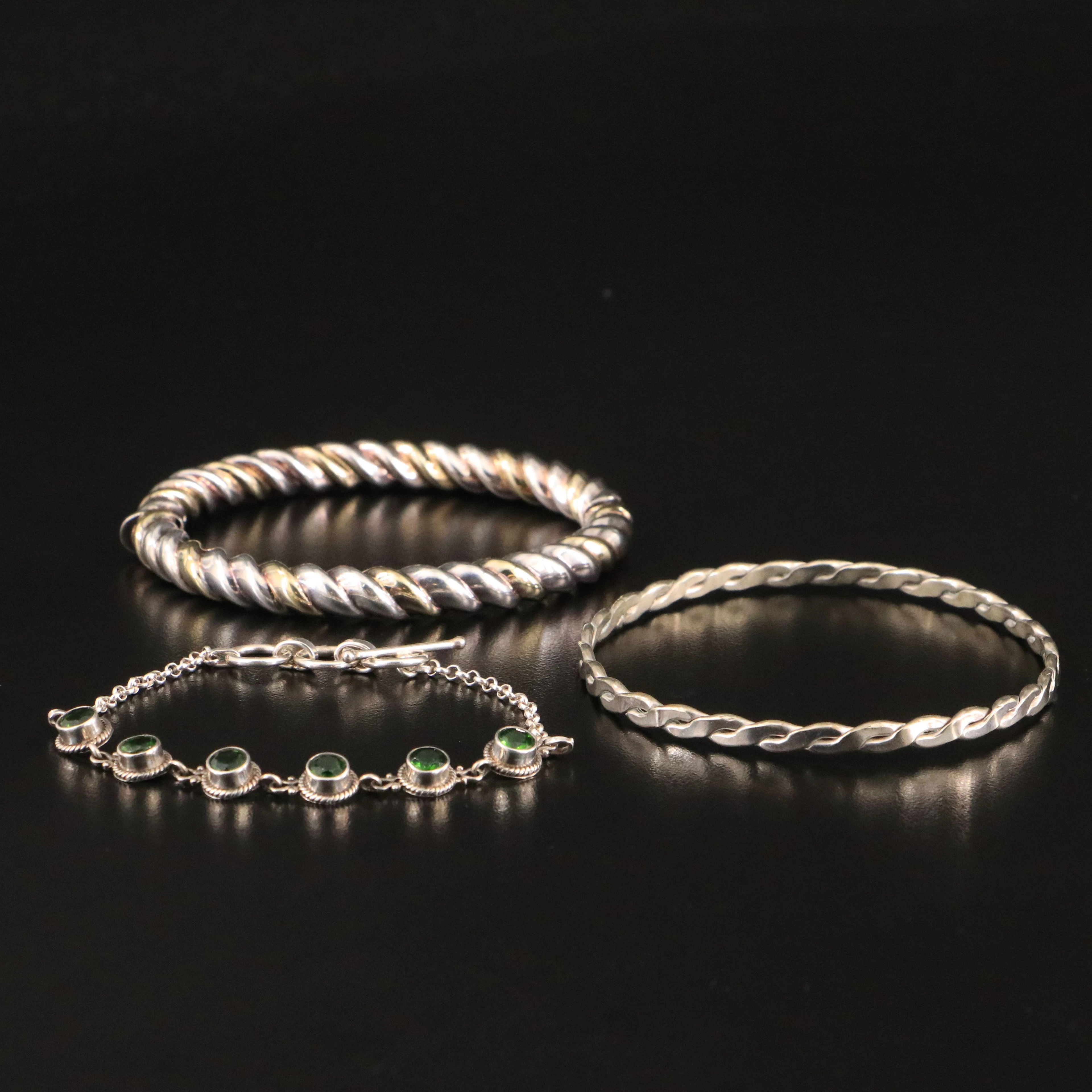 Sterling Two-Tone Twist & Chrome Diopside Bracelets with Braided Wire Bangle