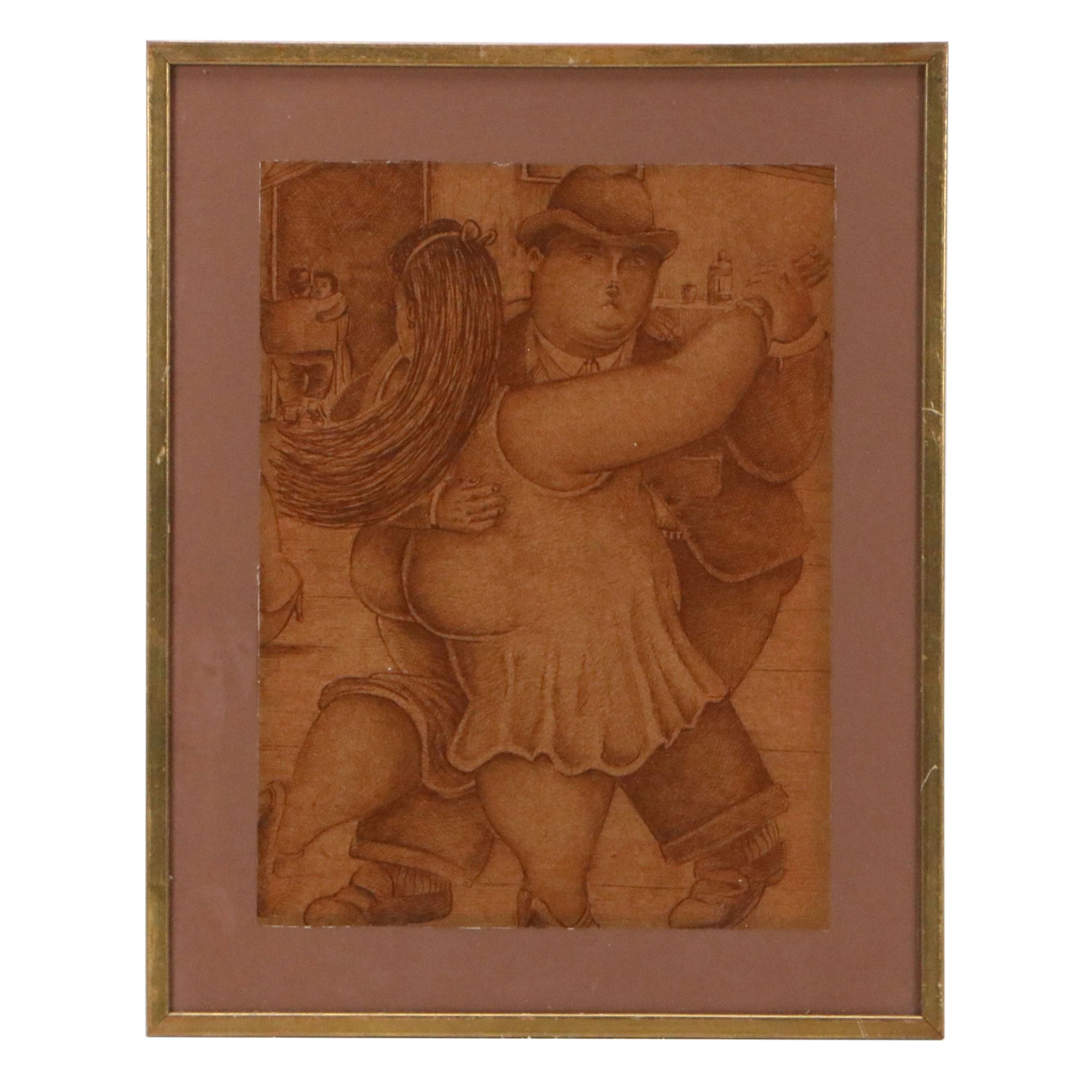 After Fernando Botero Lithograph of Stylized Couple Dancing, Late 20th Century