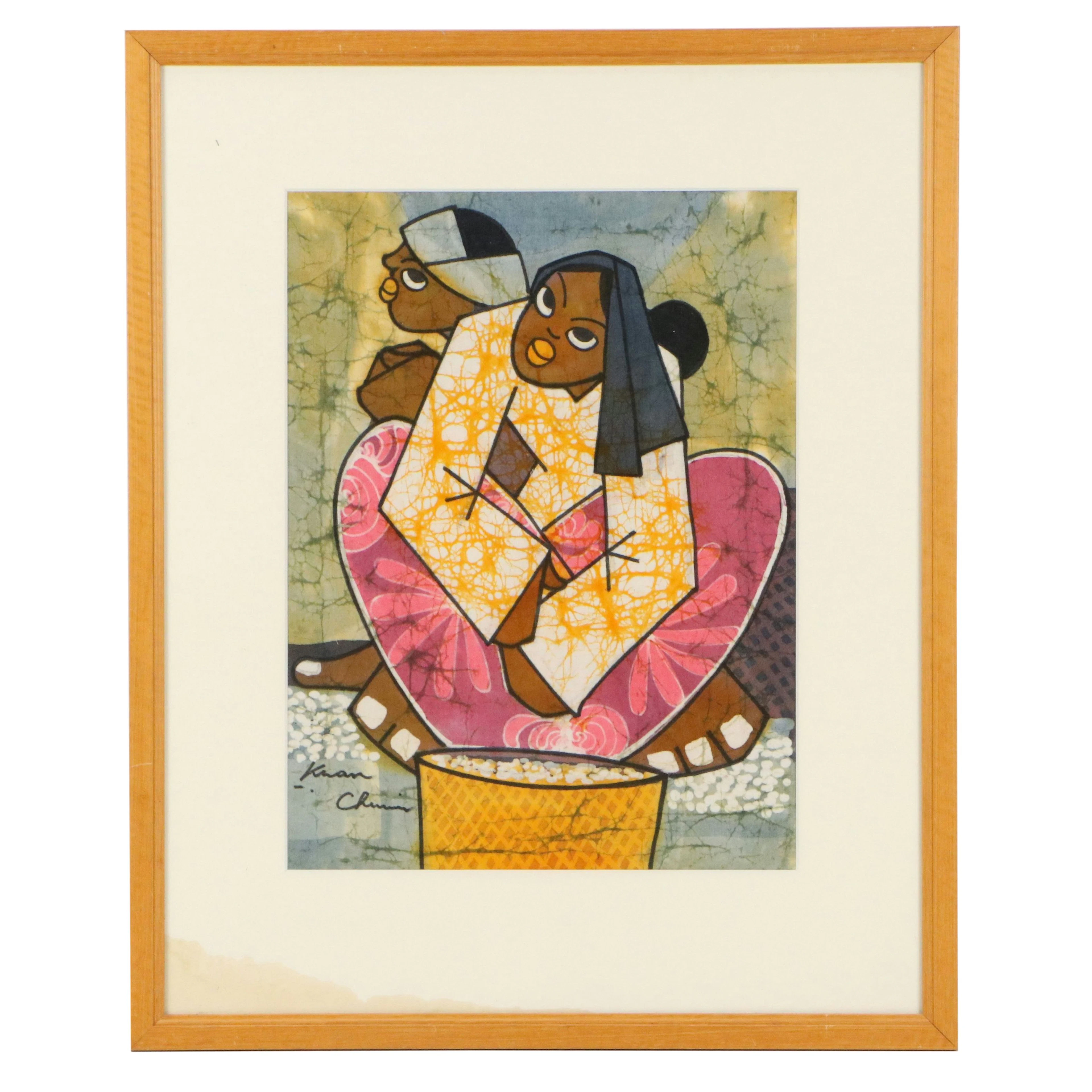 Kwan Chin Stylized Batik Painting of Two Women, Late 20th to 21st Century