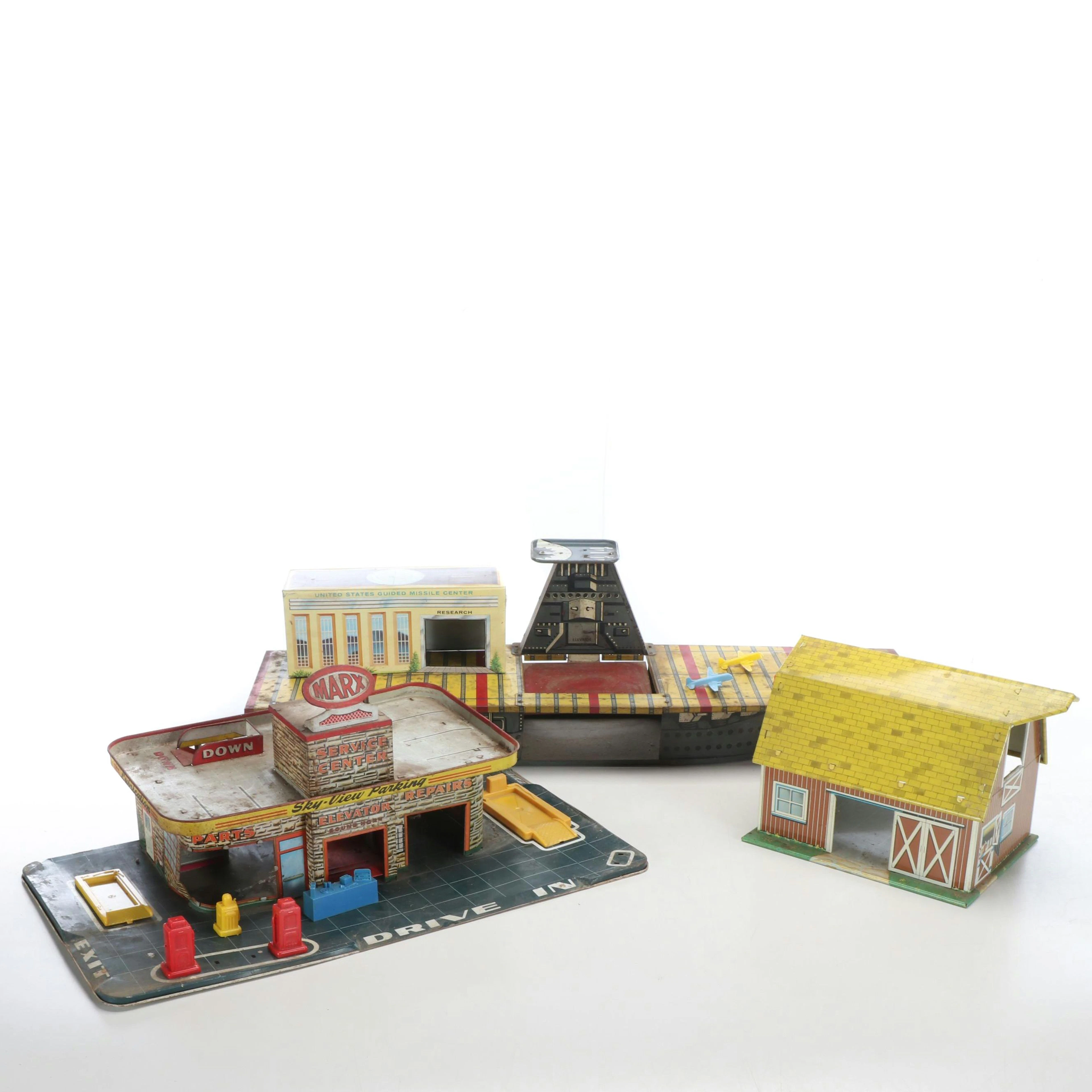 Vintage Marx Tin Litho Toy Service Station with Other Aircraft Carrier