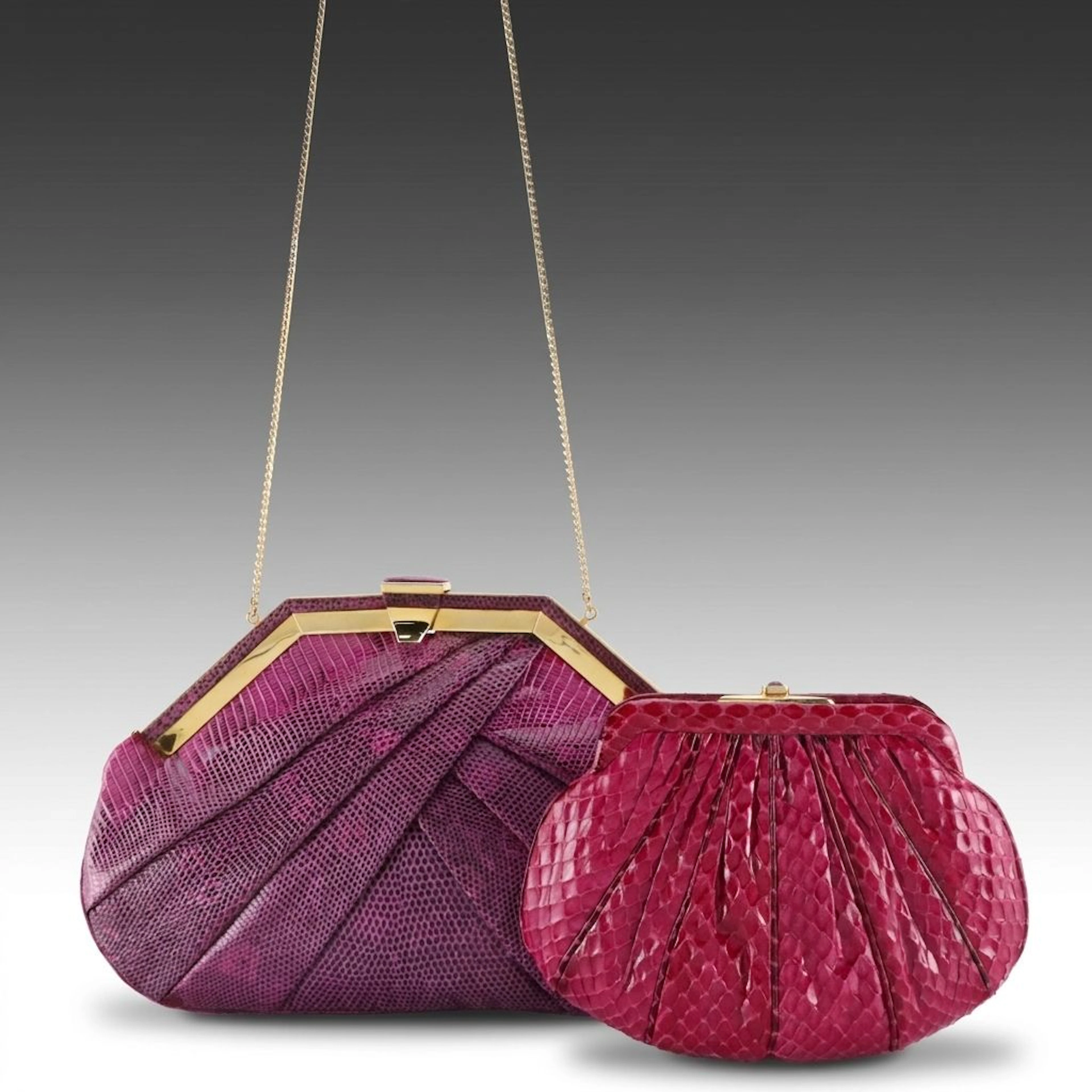 Judith Leiber Magenta Snakeskin & Pleated Lizard Skin Leather Frame Clutch Bags