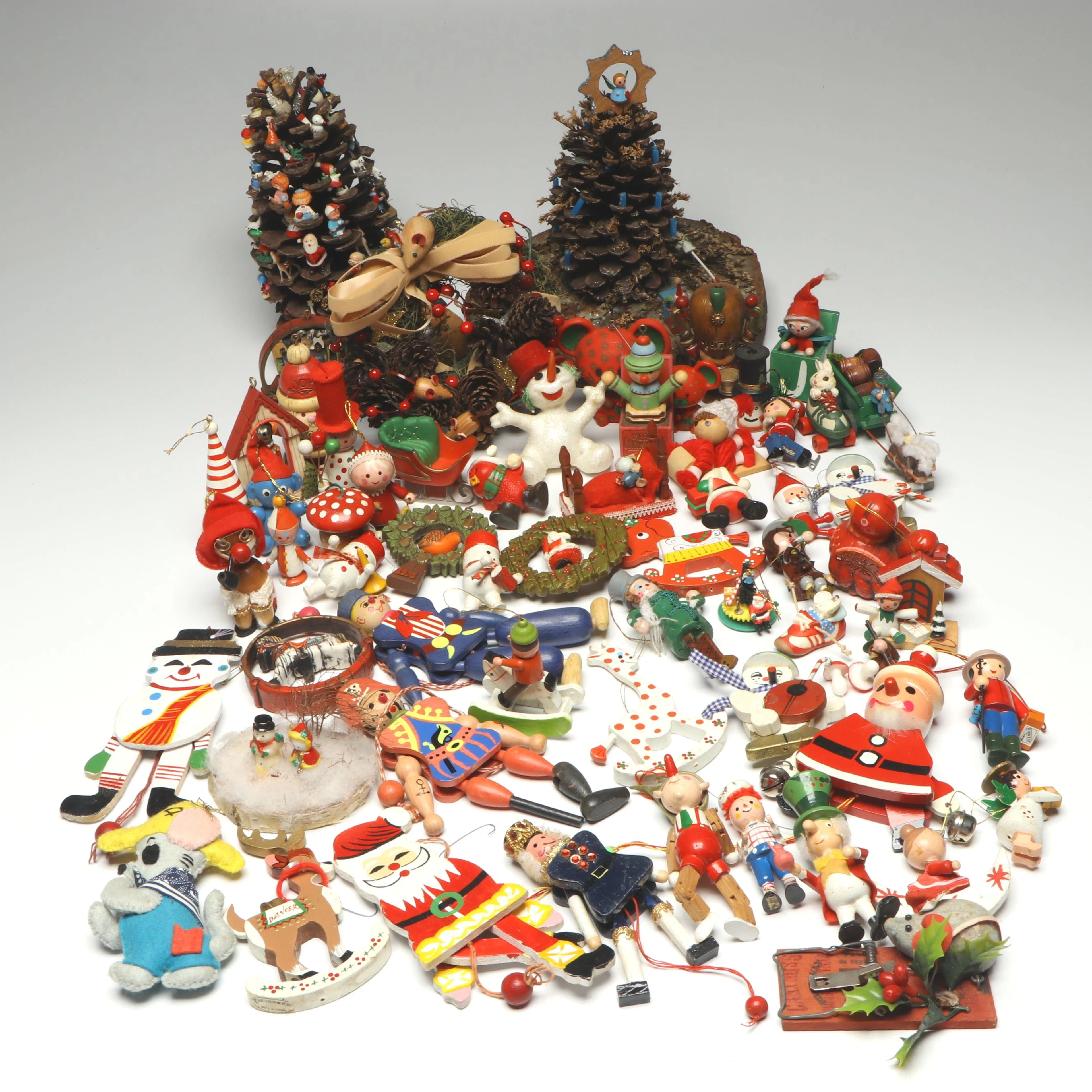 Polychrome Wooden Santa Claus, Snowman, and More Ornaments with Decorations