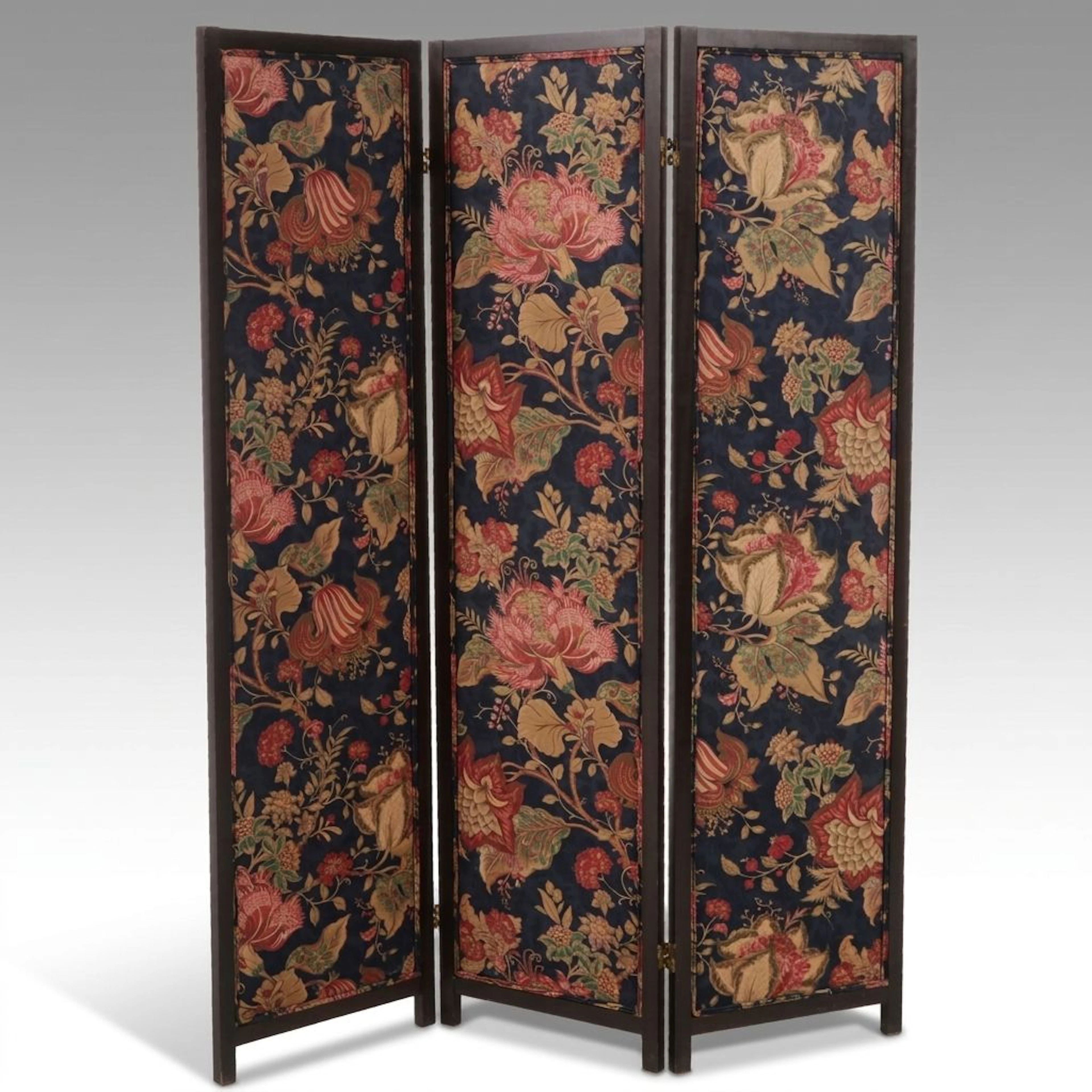 Traditional Floral Print Fabric Upholstered Three-Panel Folding Screen, 20th C