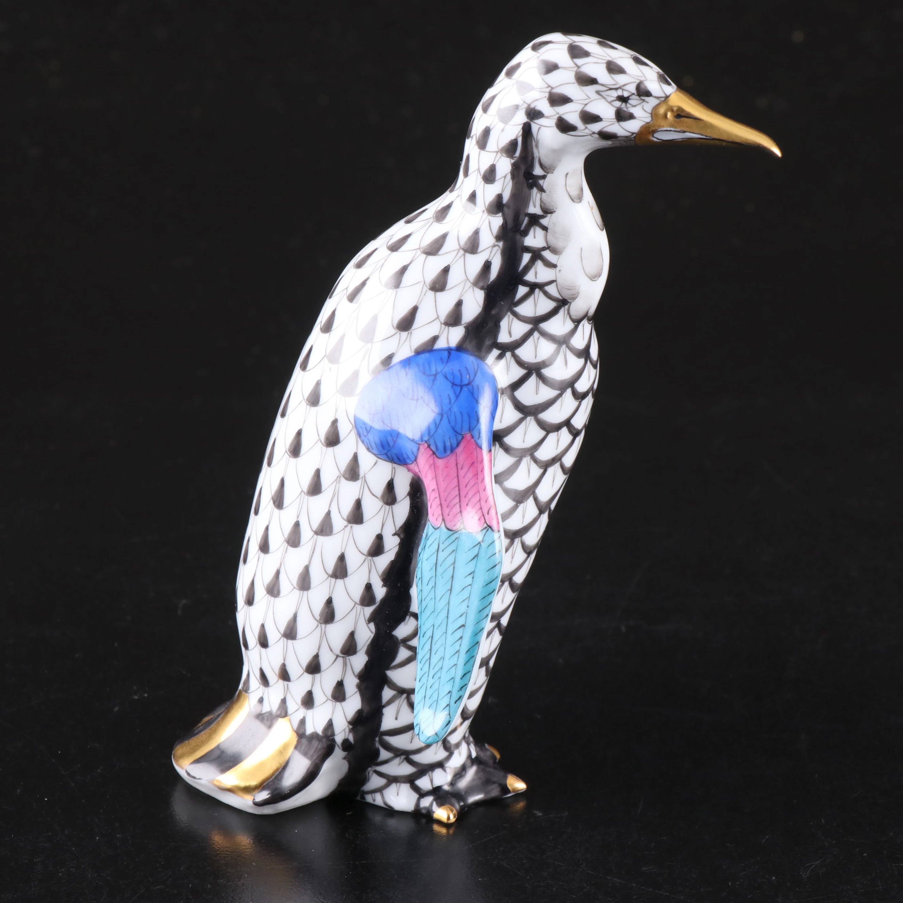 Herend Black Fishnet with Gold "Penguin" Porcelain Figurine