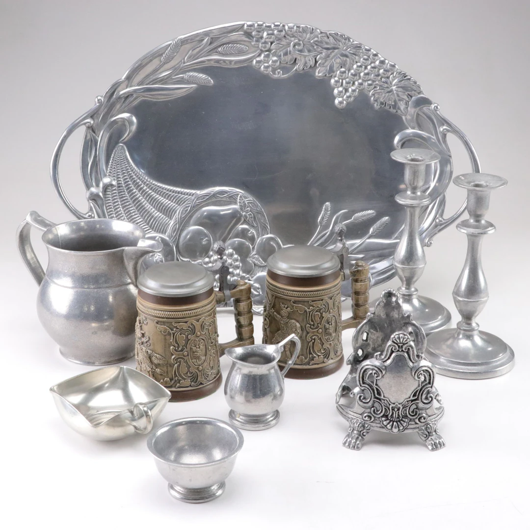 Two Albert Thewalt Stoneware Beer Steins with Pewter Lids and Other