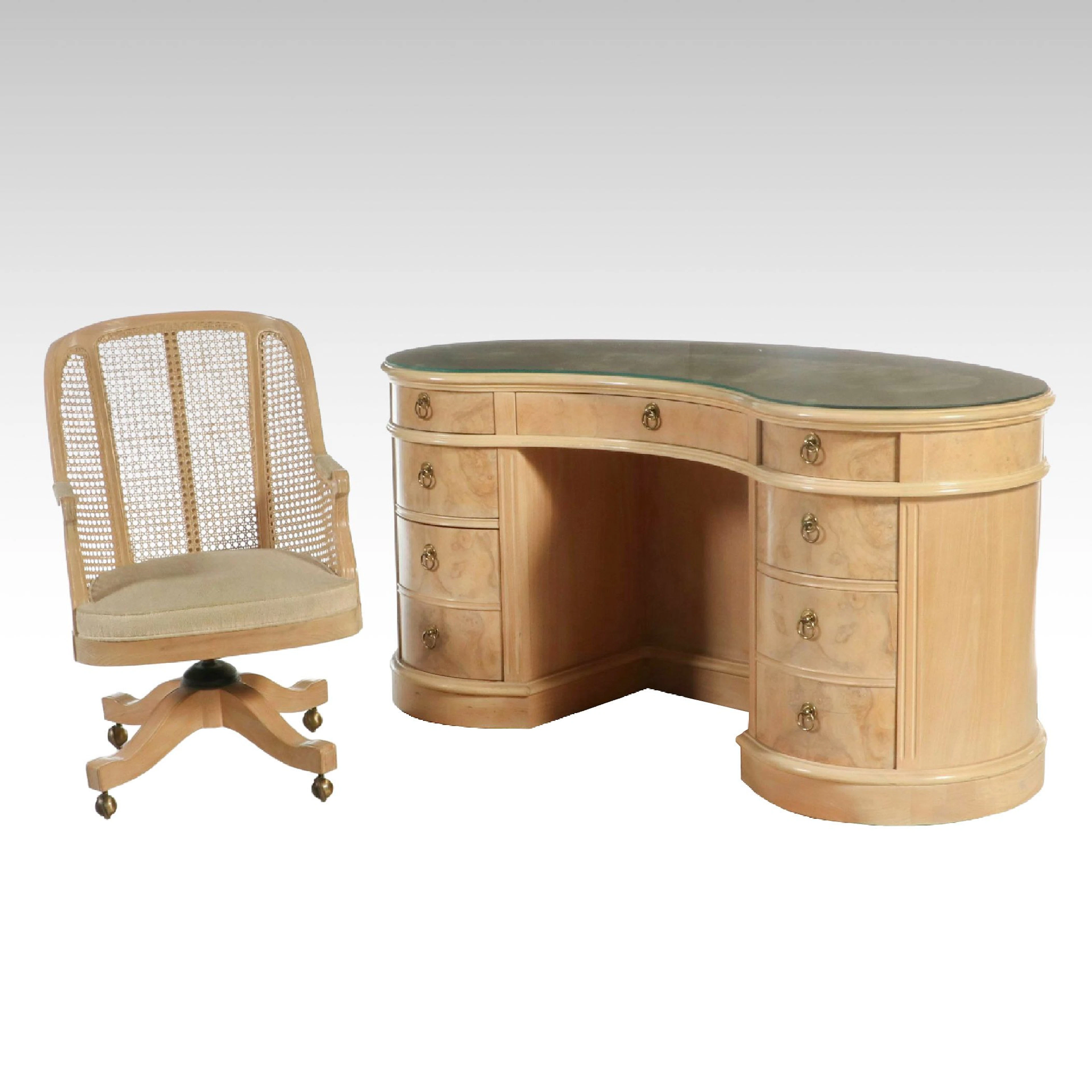 Drexel French Provincial Style Kidney-Shaped Executive Desk and Cane Desk Chair