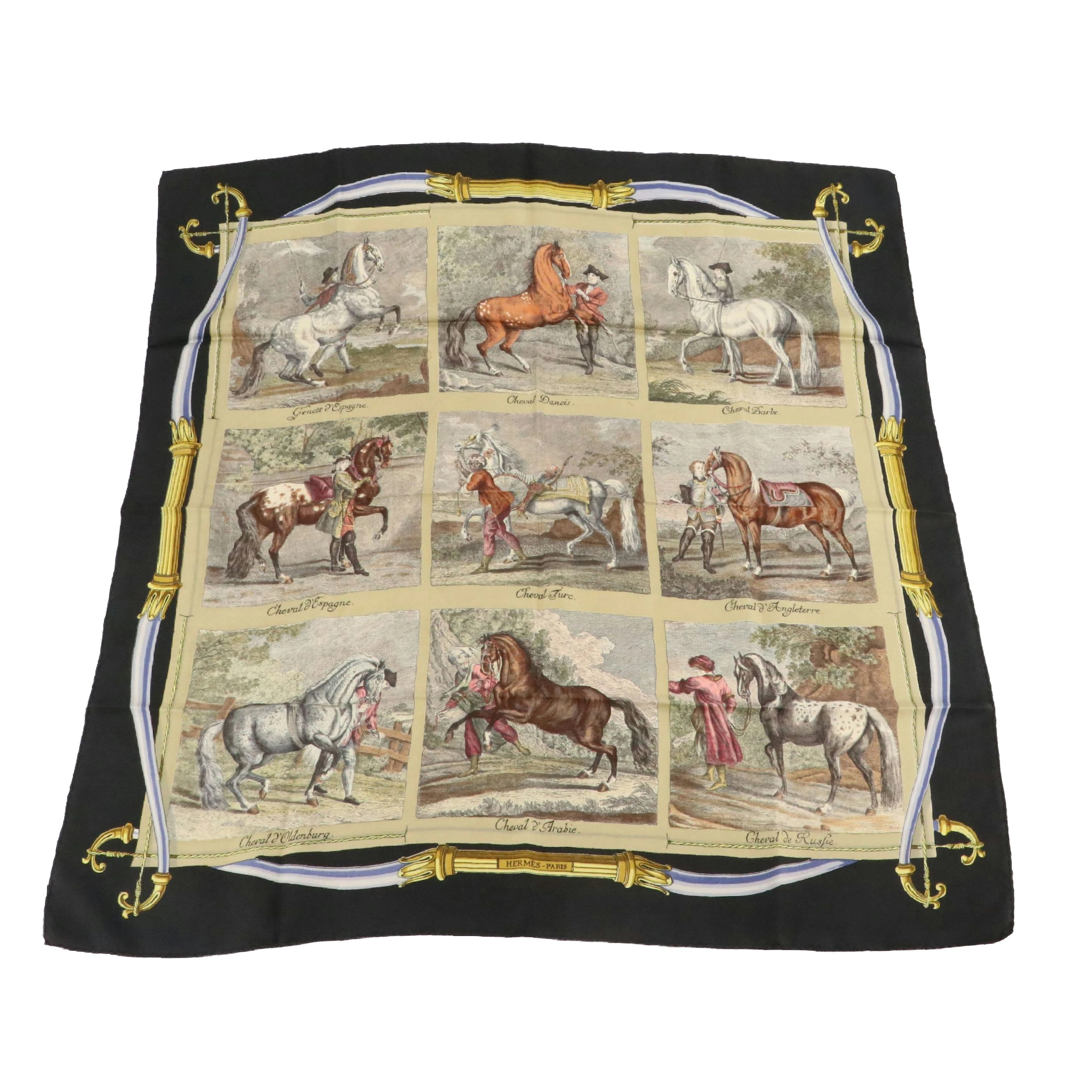 Hermès Early Issue "Les Races de Chevaux" Scarf 90 in Silk Twill with Box