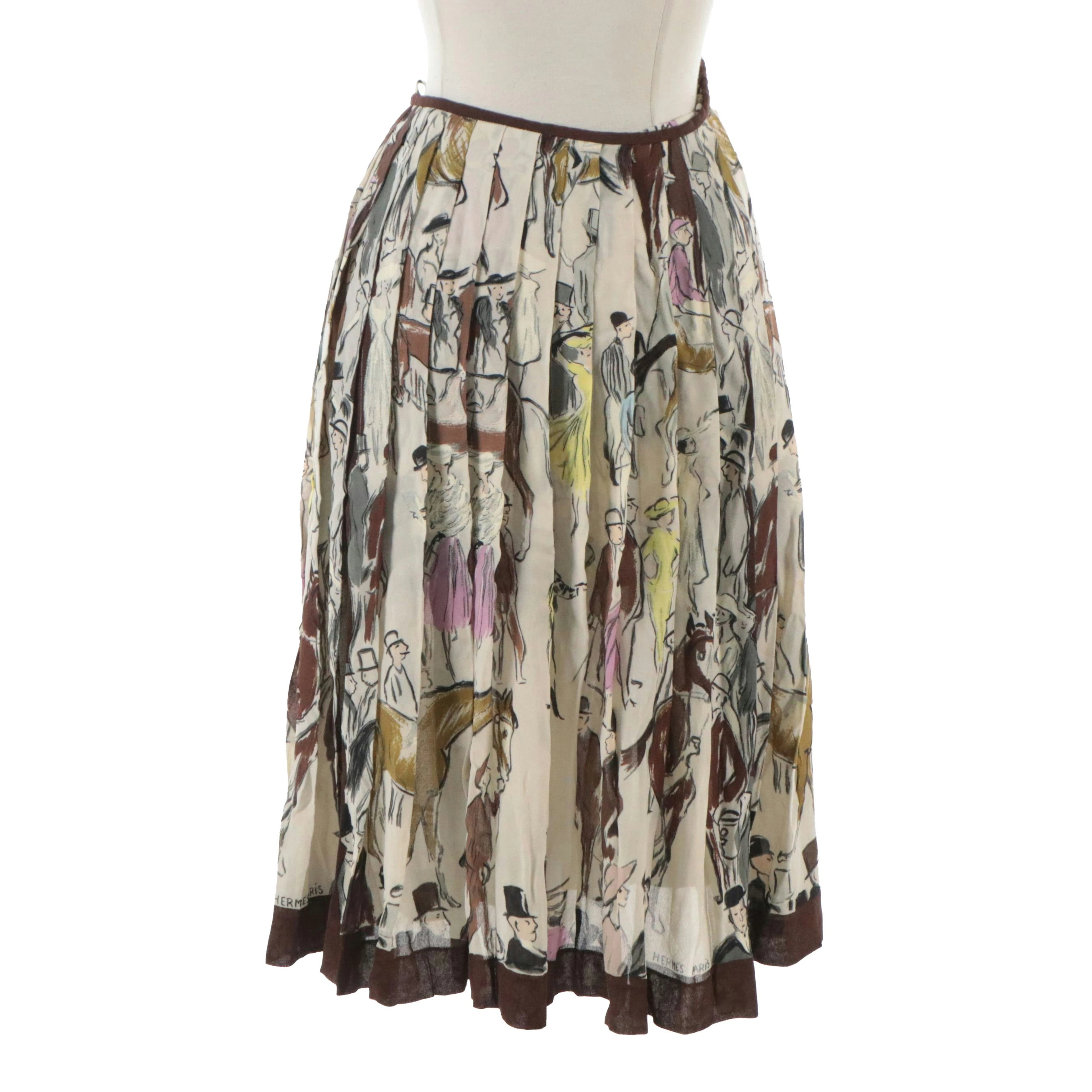 Hermès Figural Print Silk Pleated Skirt