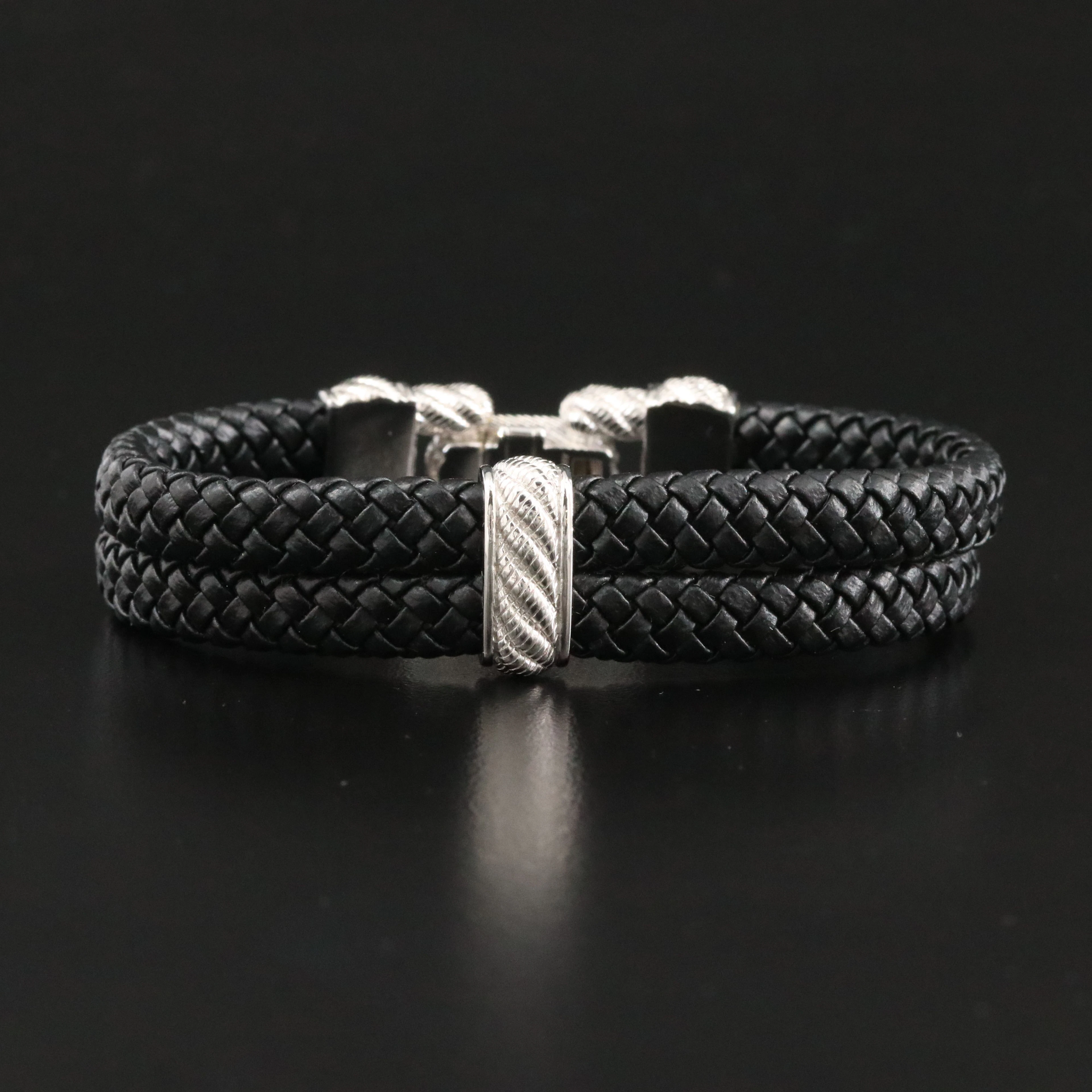 Judith Ripka Sterling Braided Leather Strap Bracelet with CZ Accents