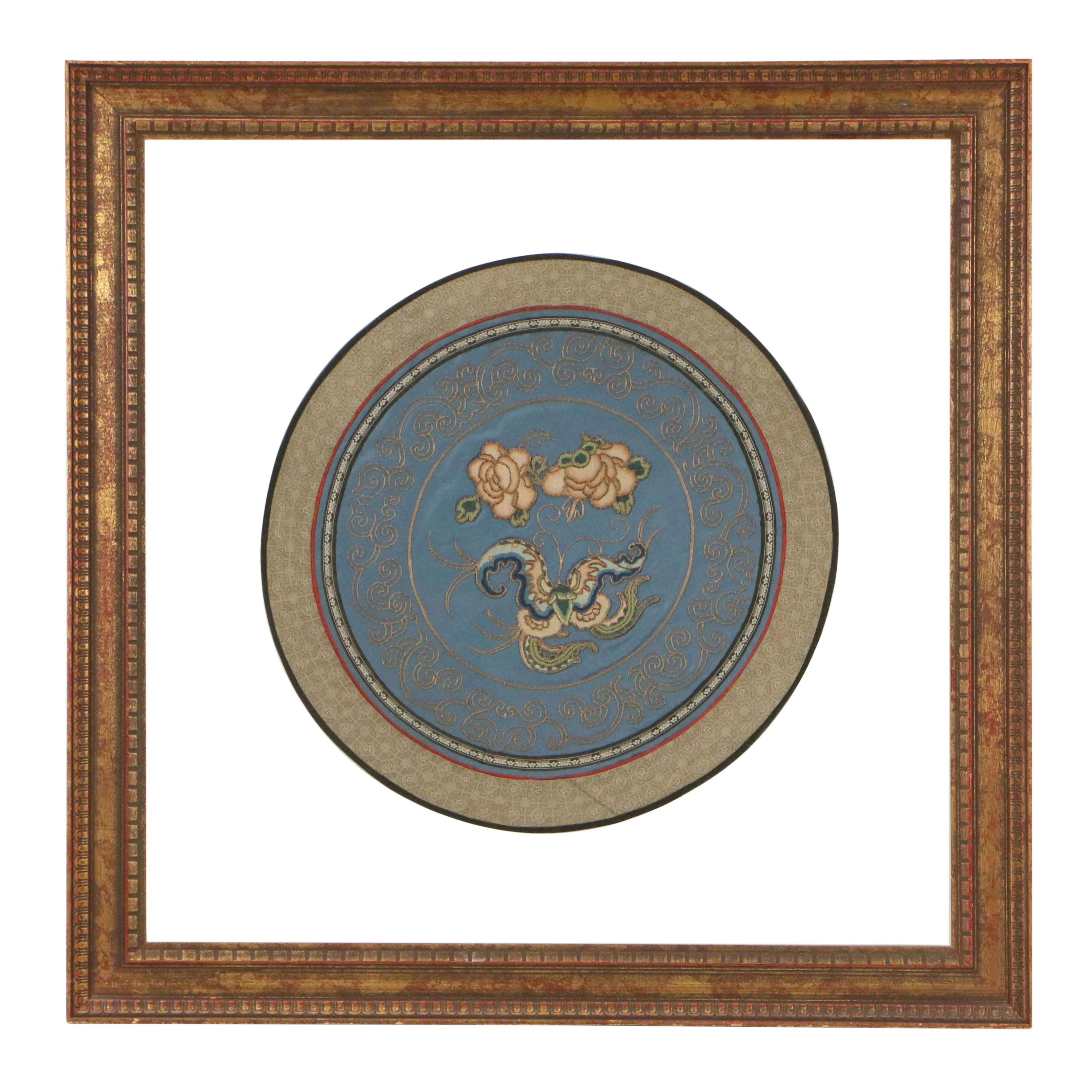 Circular Chinese Embroidery Panel with Peonies and Butterfly