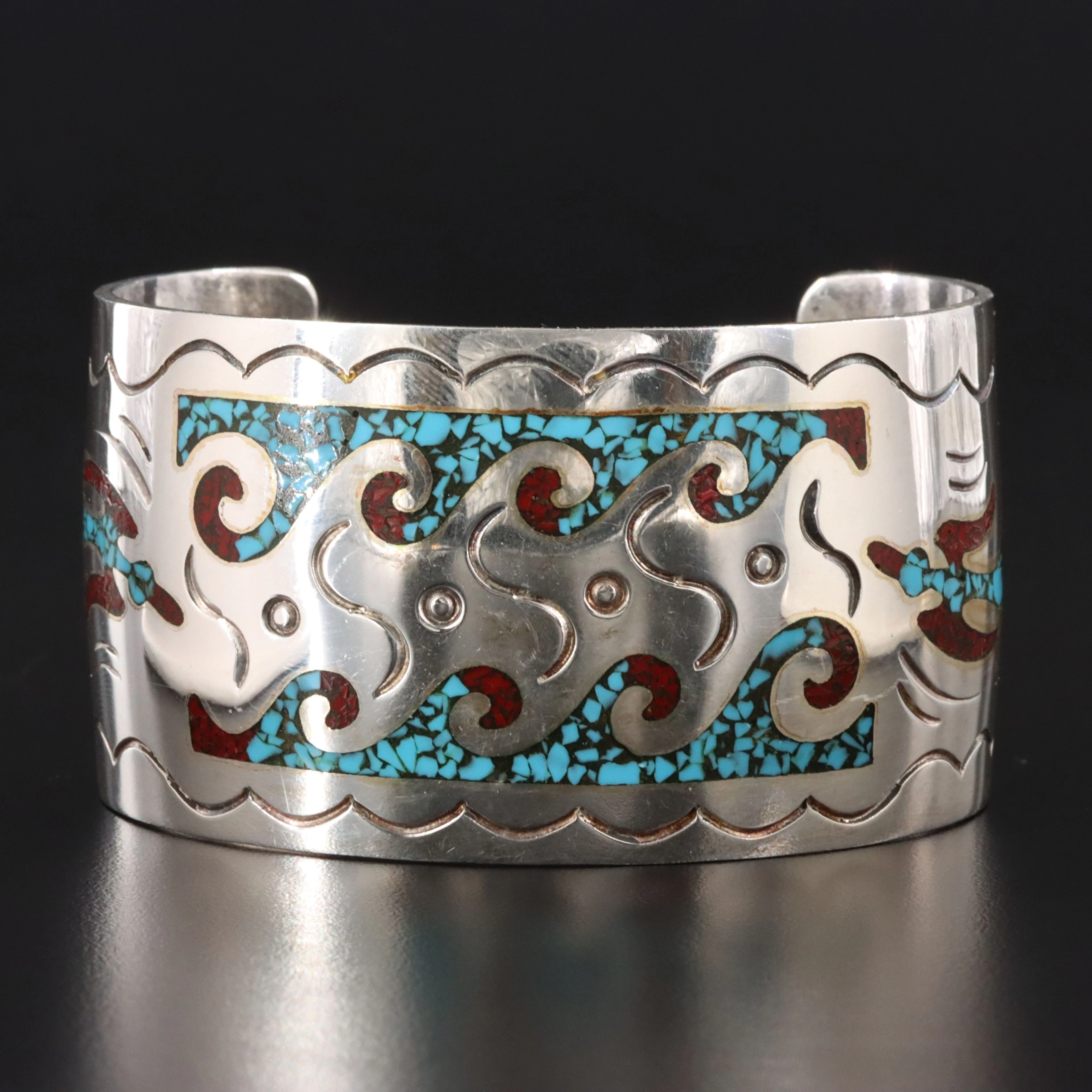 Western Sterling Chip Stone Inlay Peyote Bird Cuff Bracelet