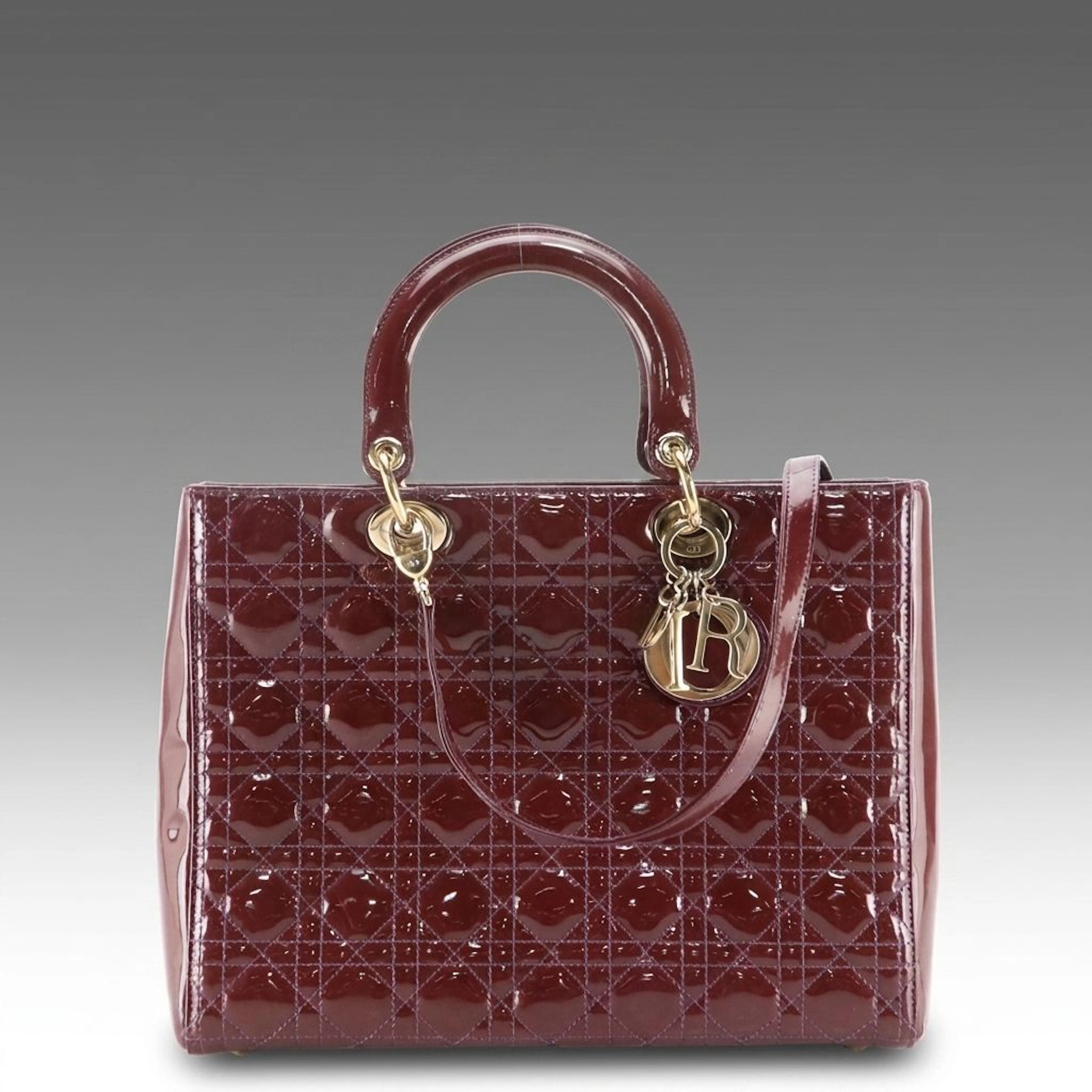 Christian Dior Aubergine Cannage Quilted Patent Leather Large Lady Dior Bag