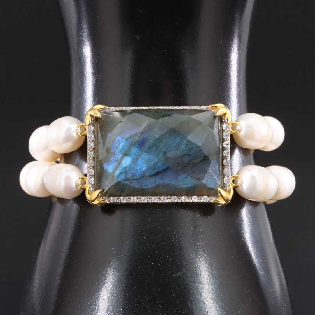 Sterling Pearl, Labradorite and Zircon Double Row Toggle Bracelet