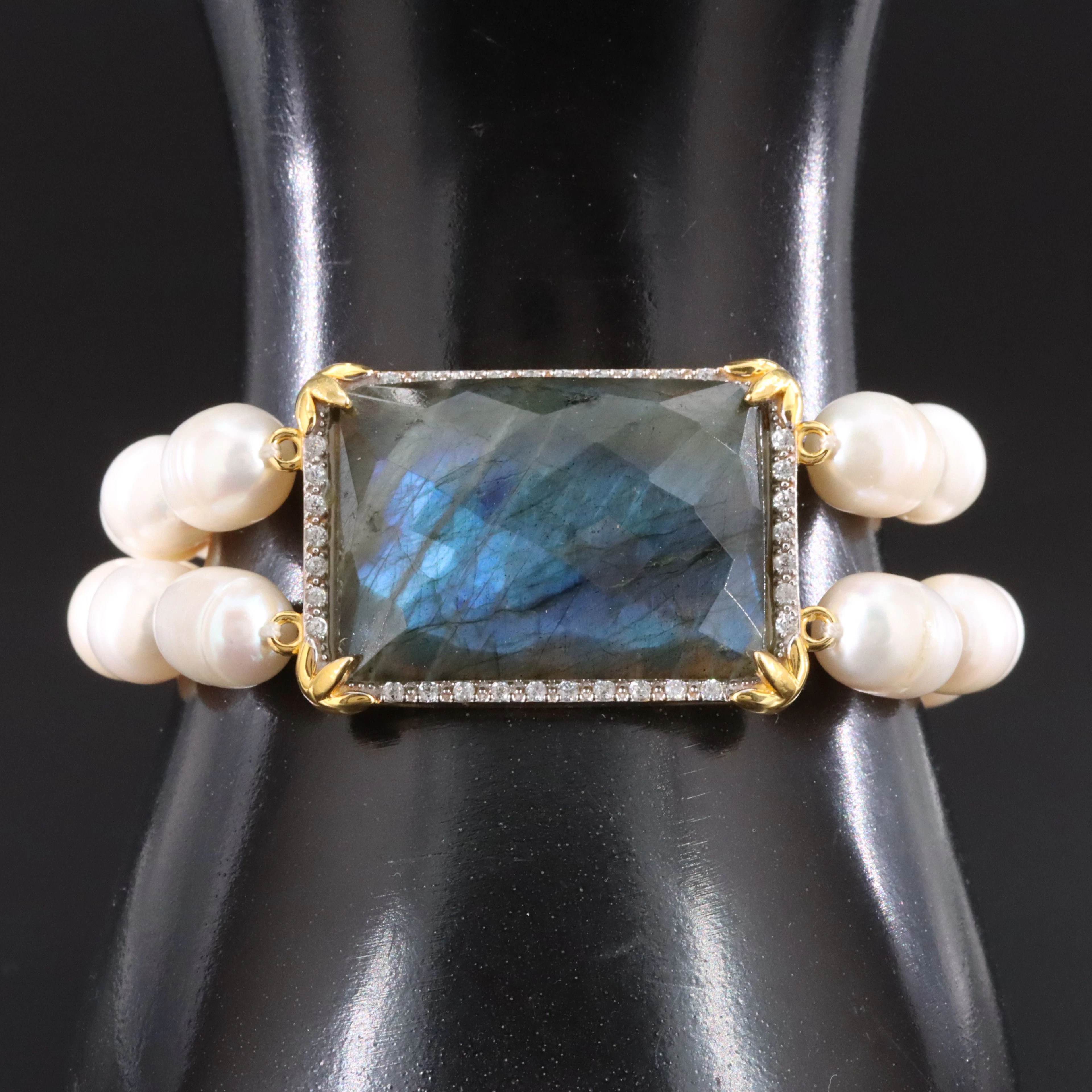 Sterling Pearl, Labradorite and Zircon Double Row Toggle Bracelet