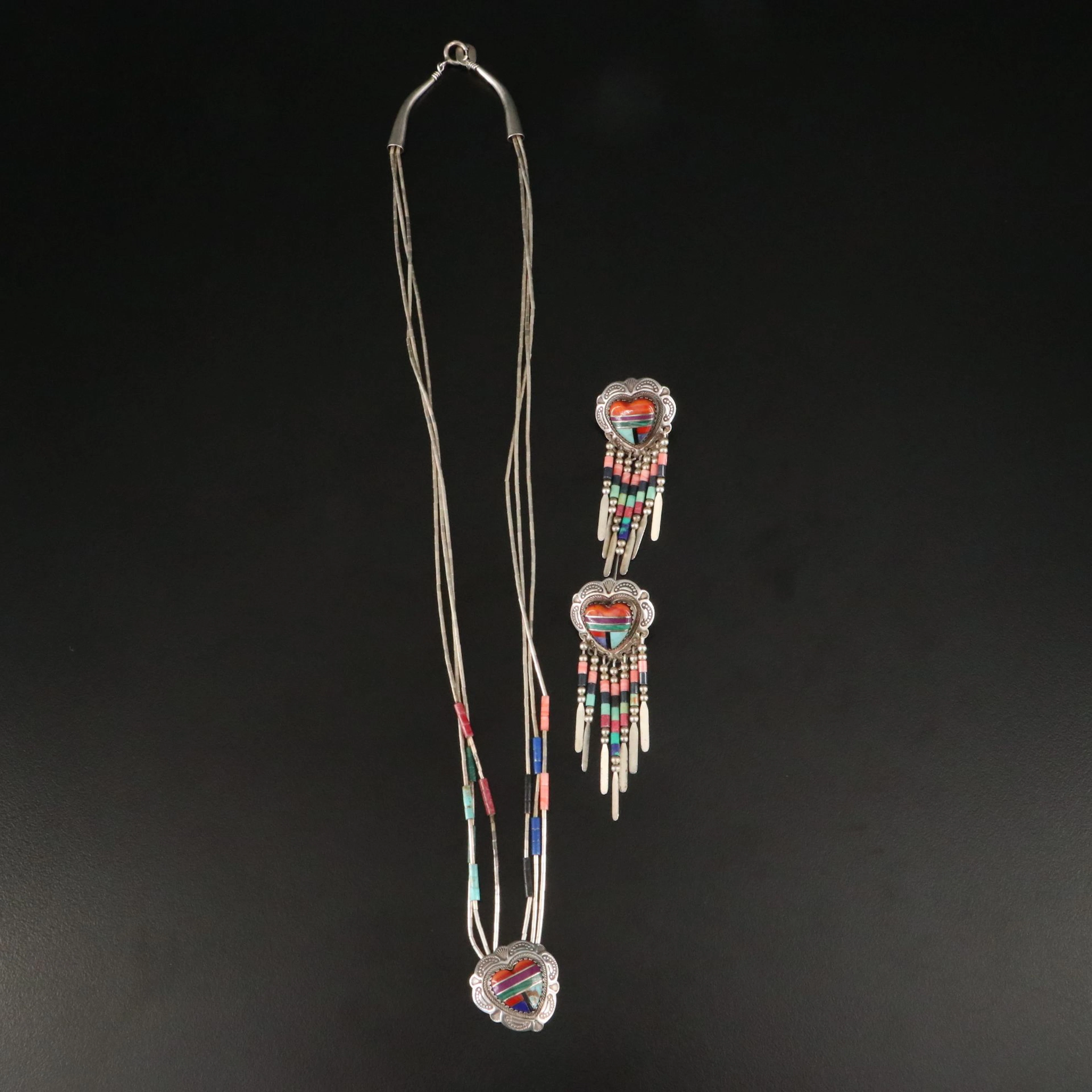 Quoc Turquoise Sterling Gemstone Inlay Necklace and Earrings Set