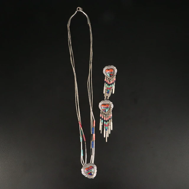 Quoc Turquoise Sterling Gemstone Inlay Necklace and Earrings Set