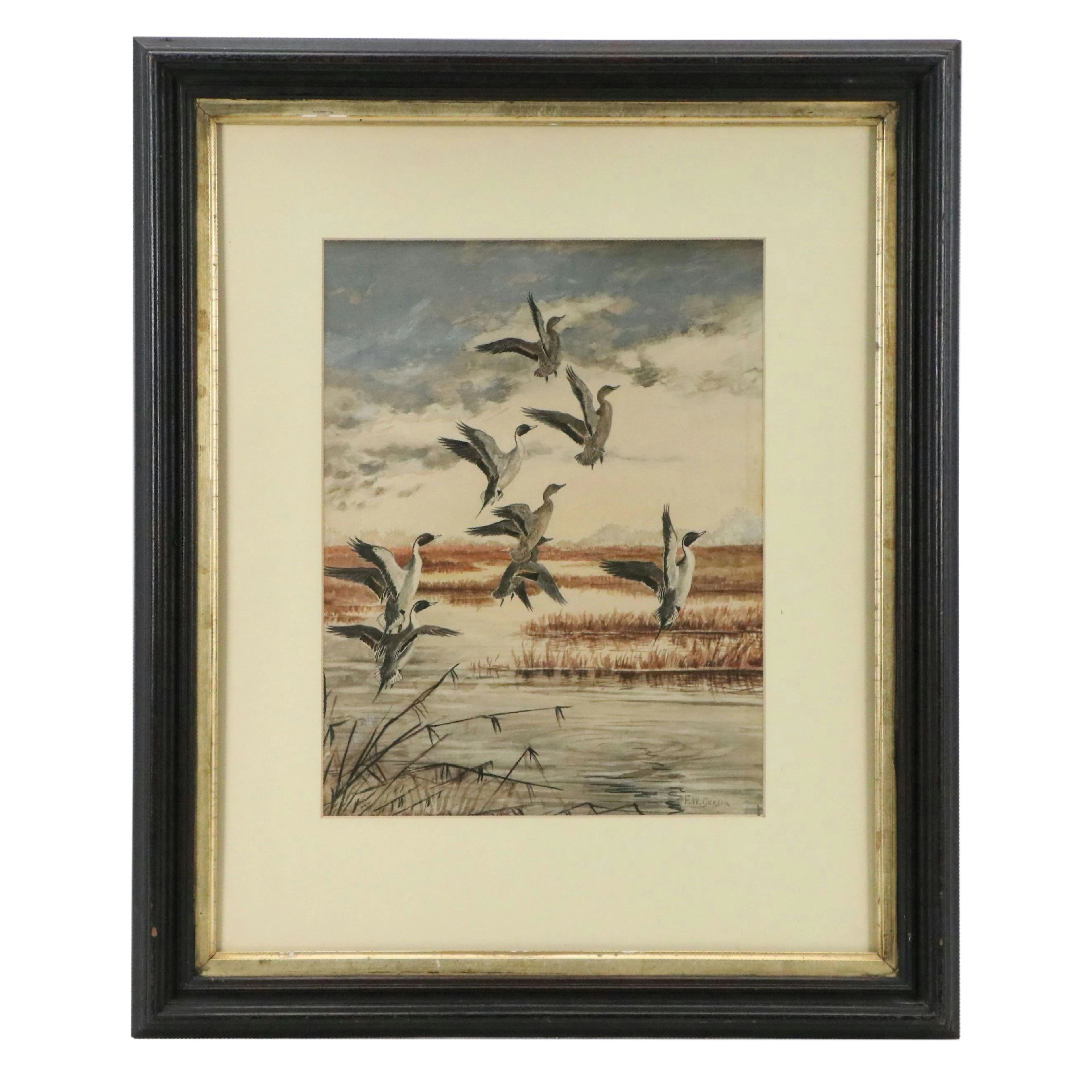 Frank Benson Wildlife Watercolor Painting of Flying Ducks, Early 20th Century