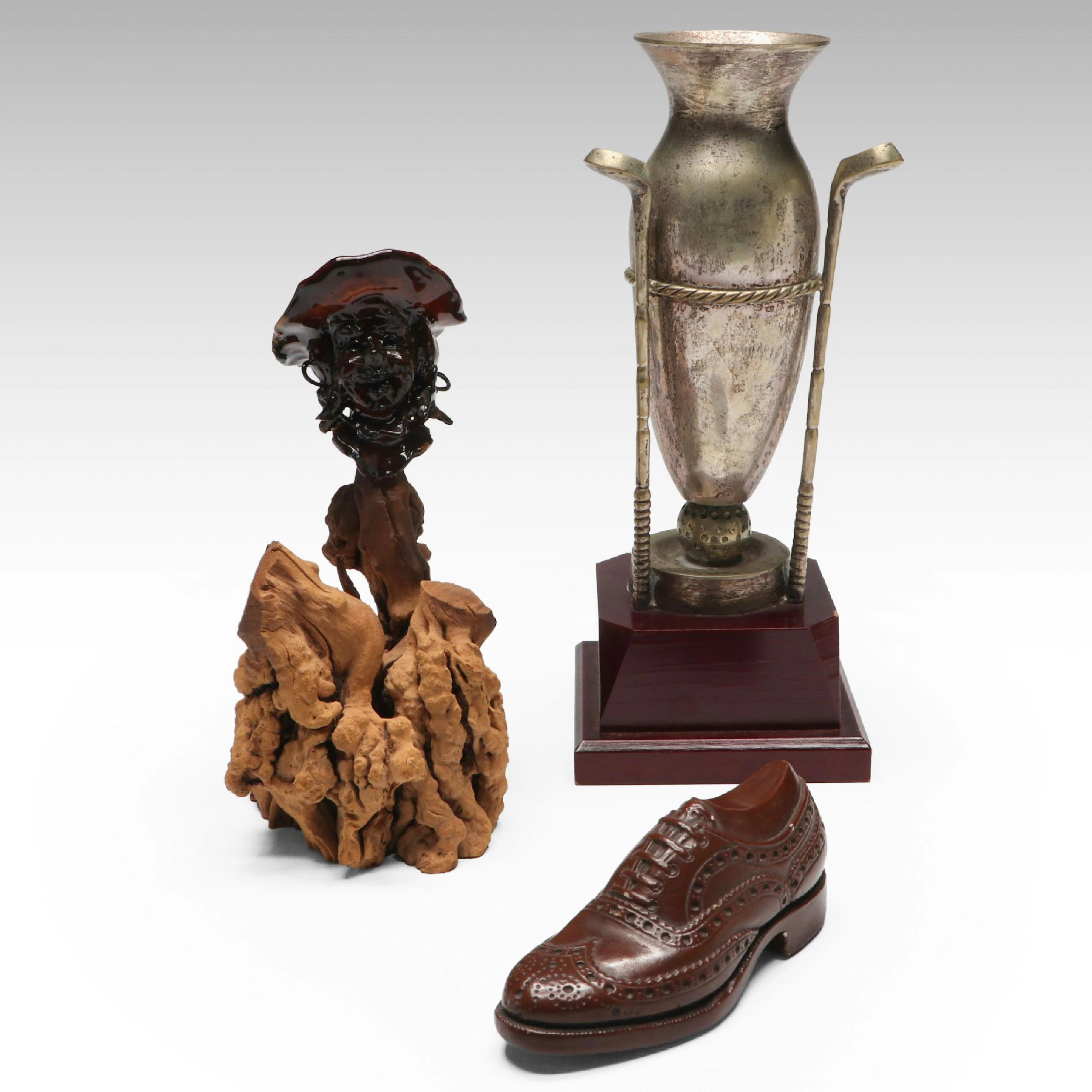 Vintage Silver Plate Golf Trophy with Show and Other Folk Art Figurines