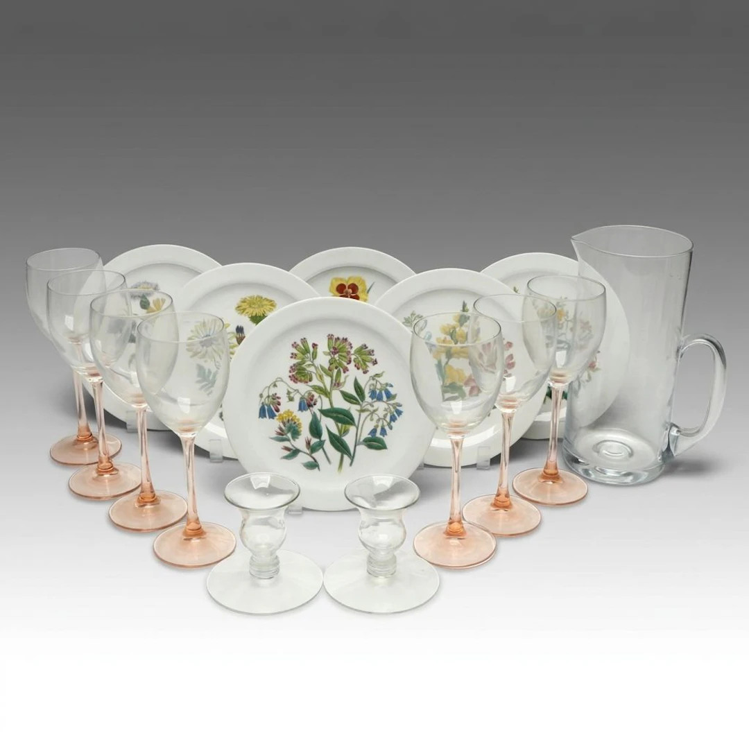 Vohenstrauß German Porcelain Plates with Wine Glasses and More