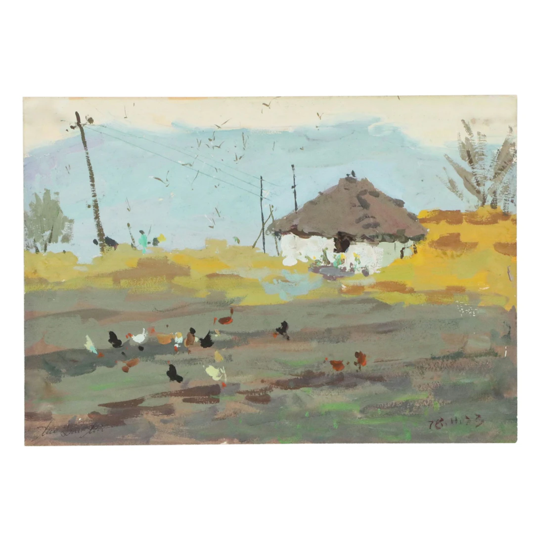 Gouache Painting of Cottage with Chickens, 20th Century