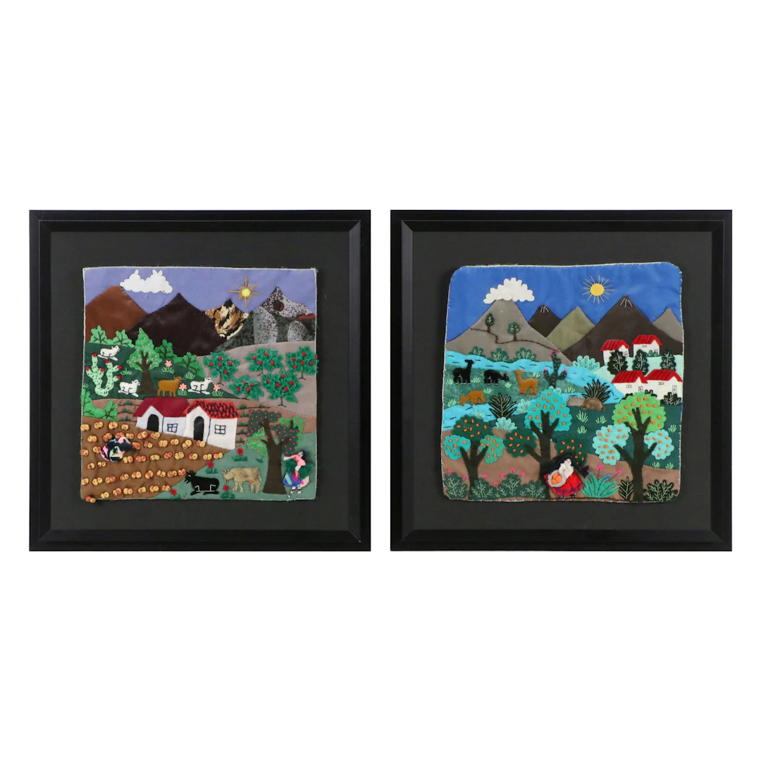 Peruvian School Folk Art Arpilleras of Orange Harvest and Crop Harvest