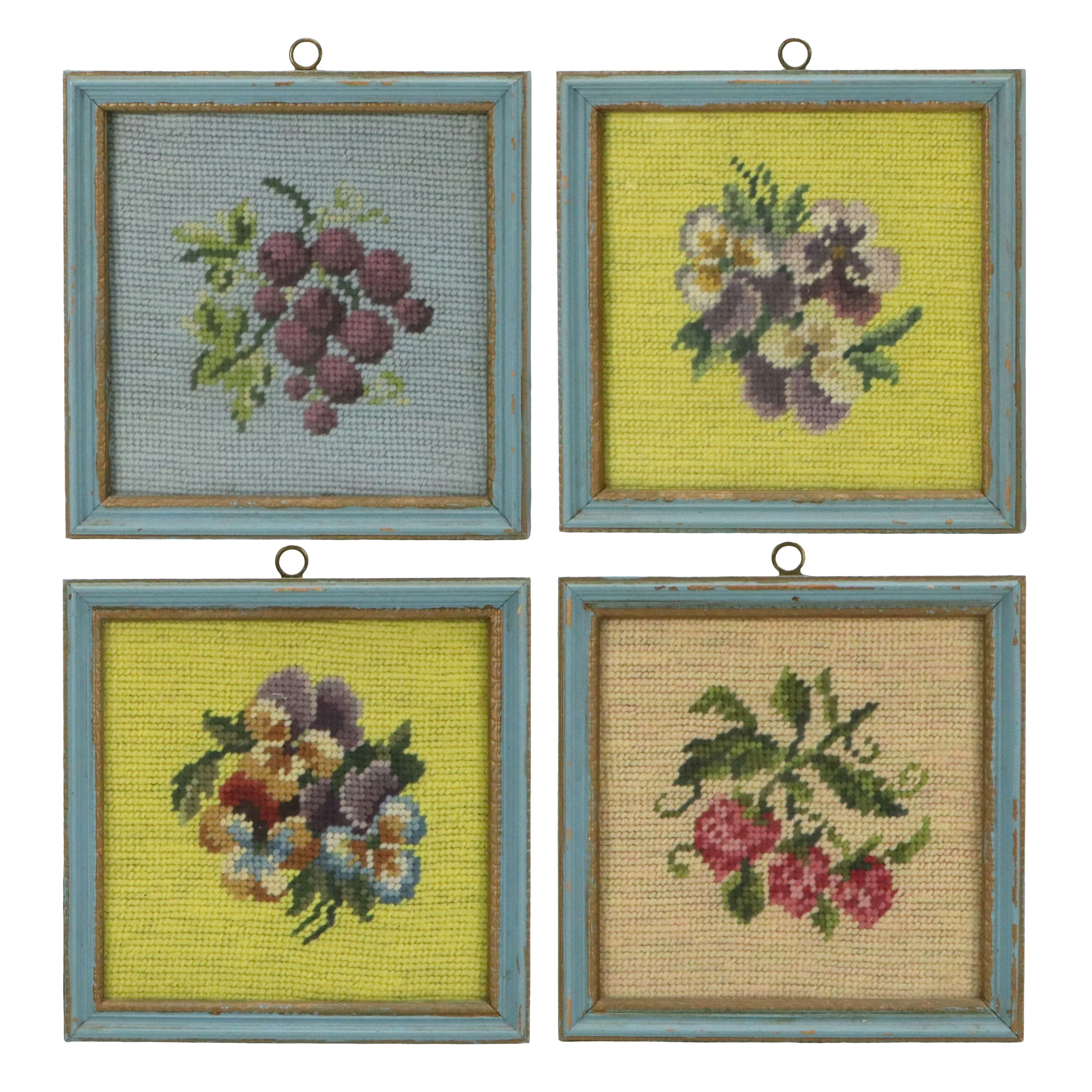 Still Life Needlepoint Panels of Fruit and Pansies, Circa 1970