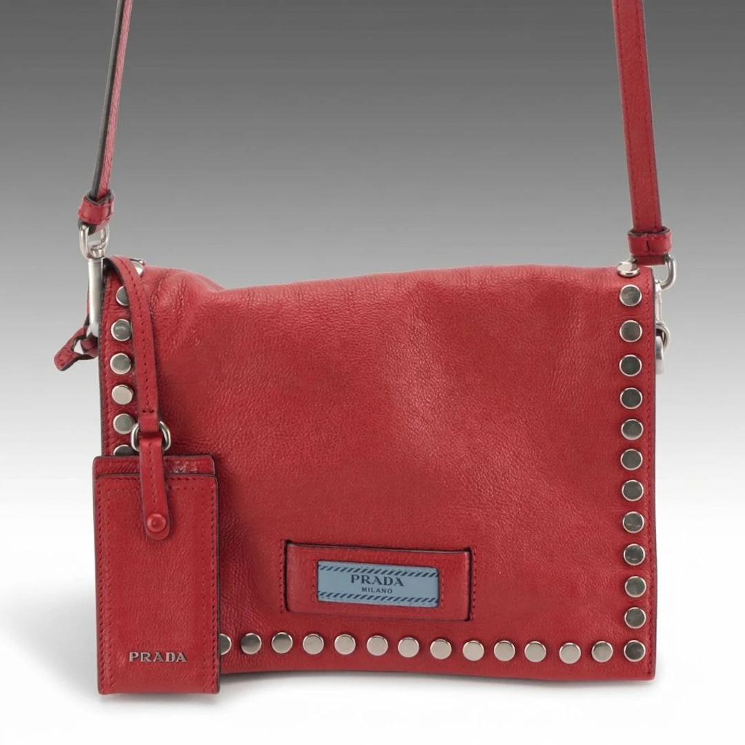 Prada Red Studded Glace Calf Leather Etiquette Flap Bag