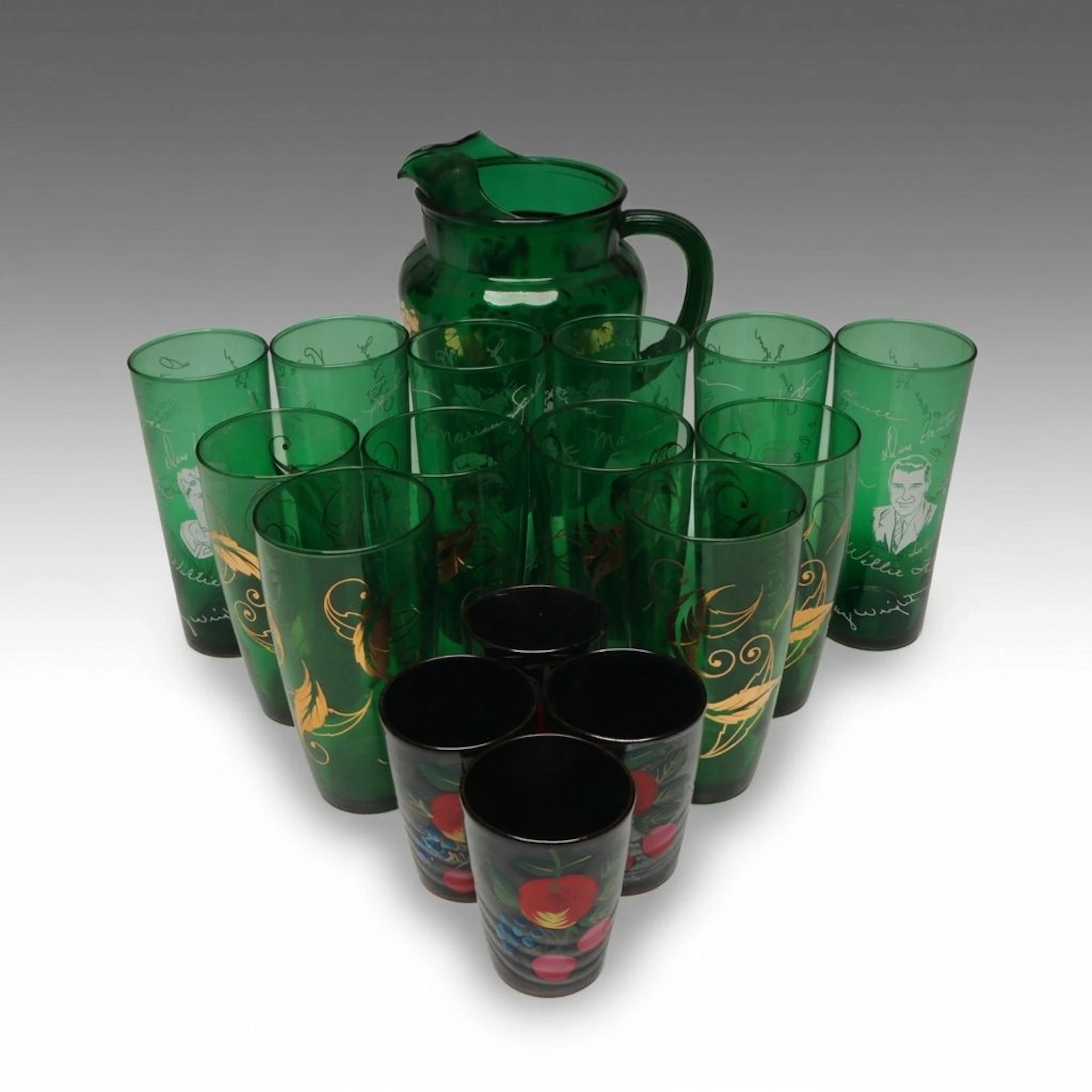 Anchor Hocking Forest Green Glass Tumblers and Pitcher with Ceramic Cups